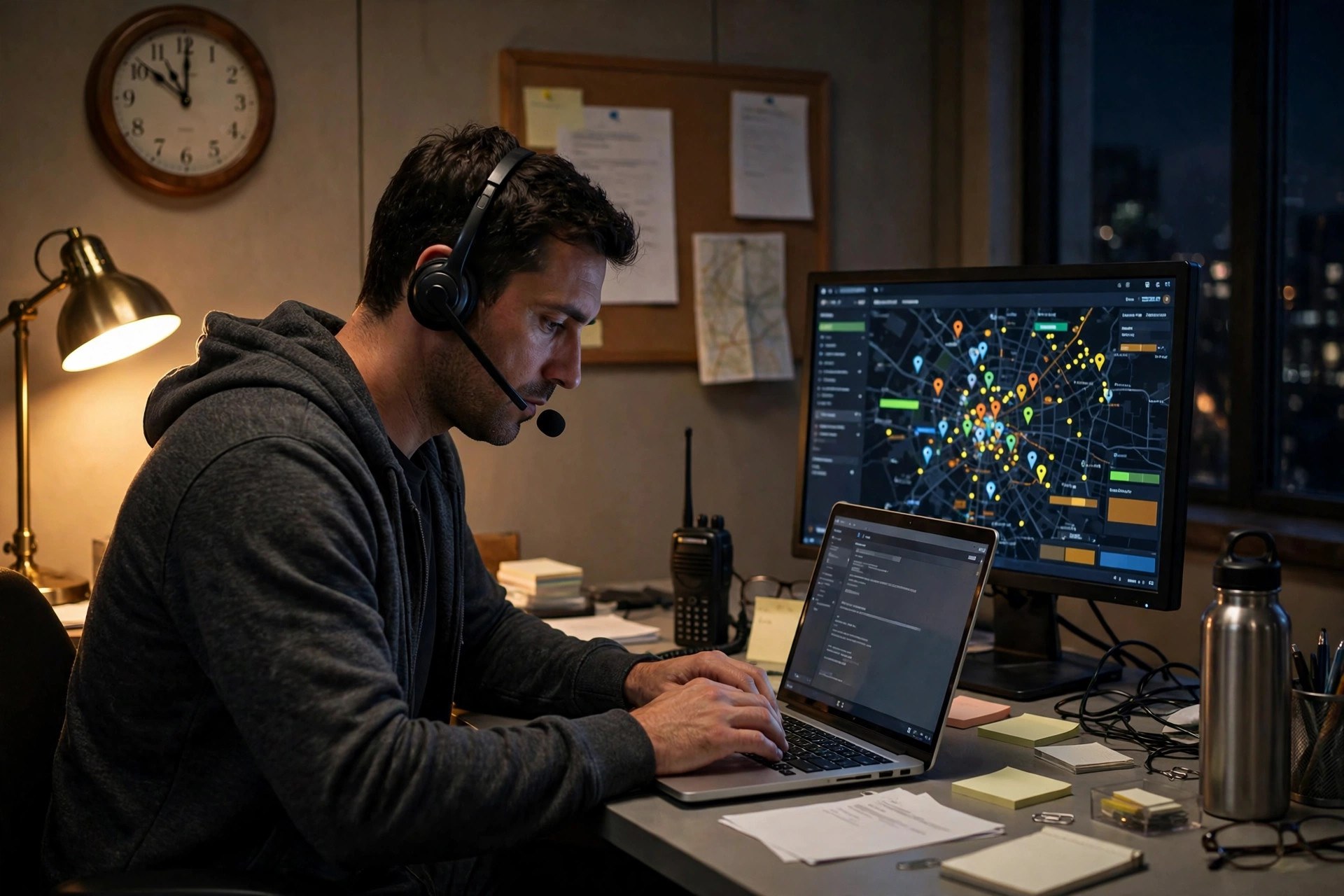 Towing company dispatcher wearing a headset and taking an emergency call at a night office desk