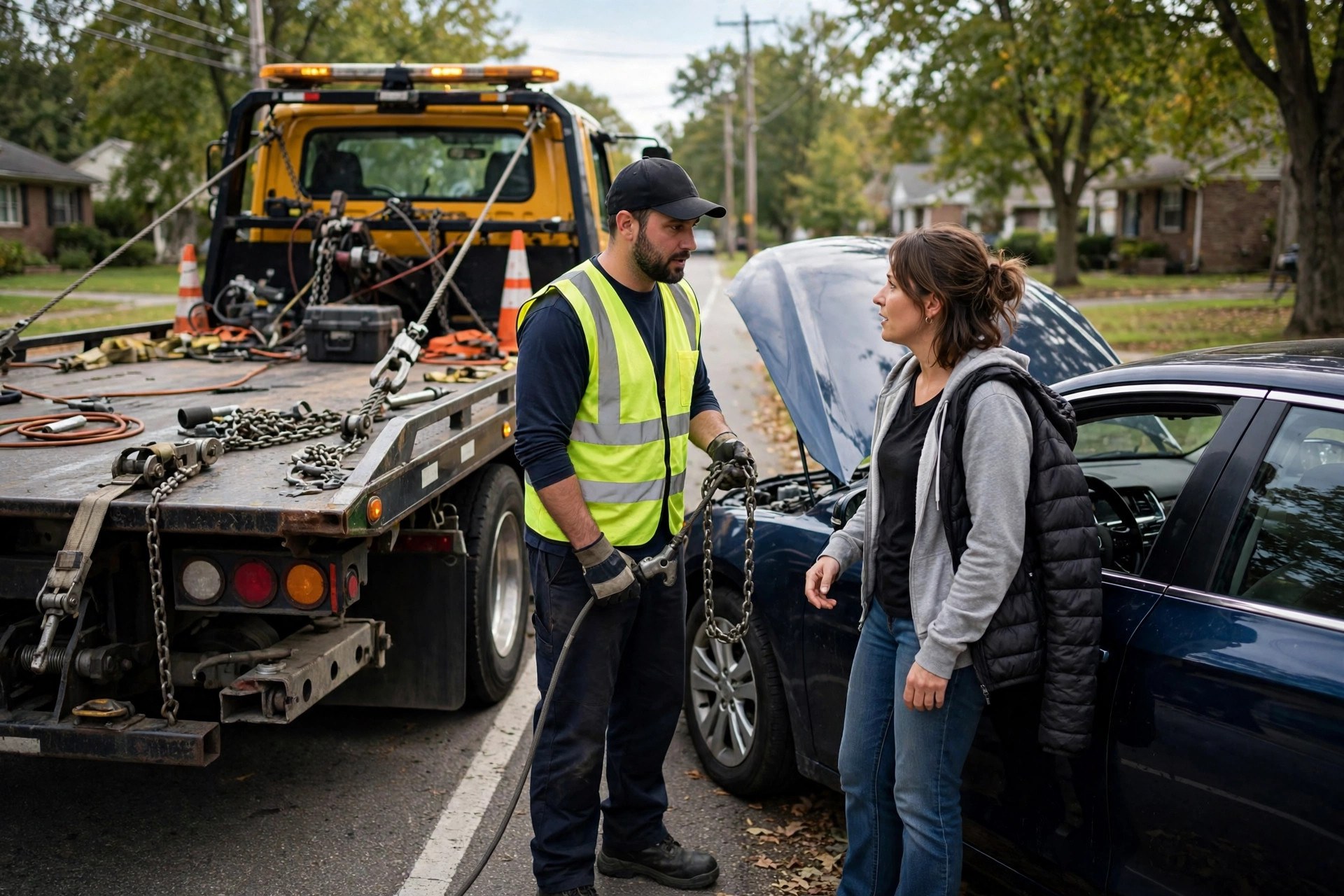 Tow truck driver in a safety vest helping a stranded driver beside a broken-down car on a roadside