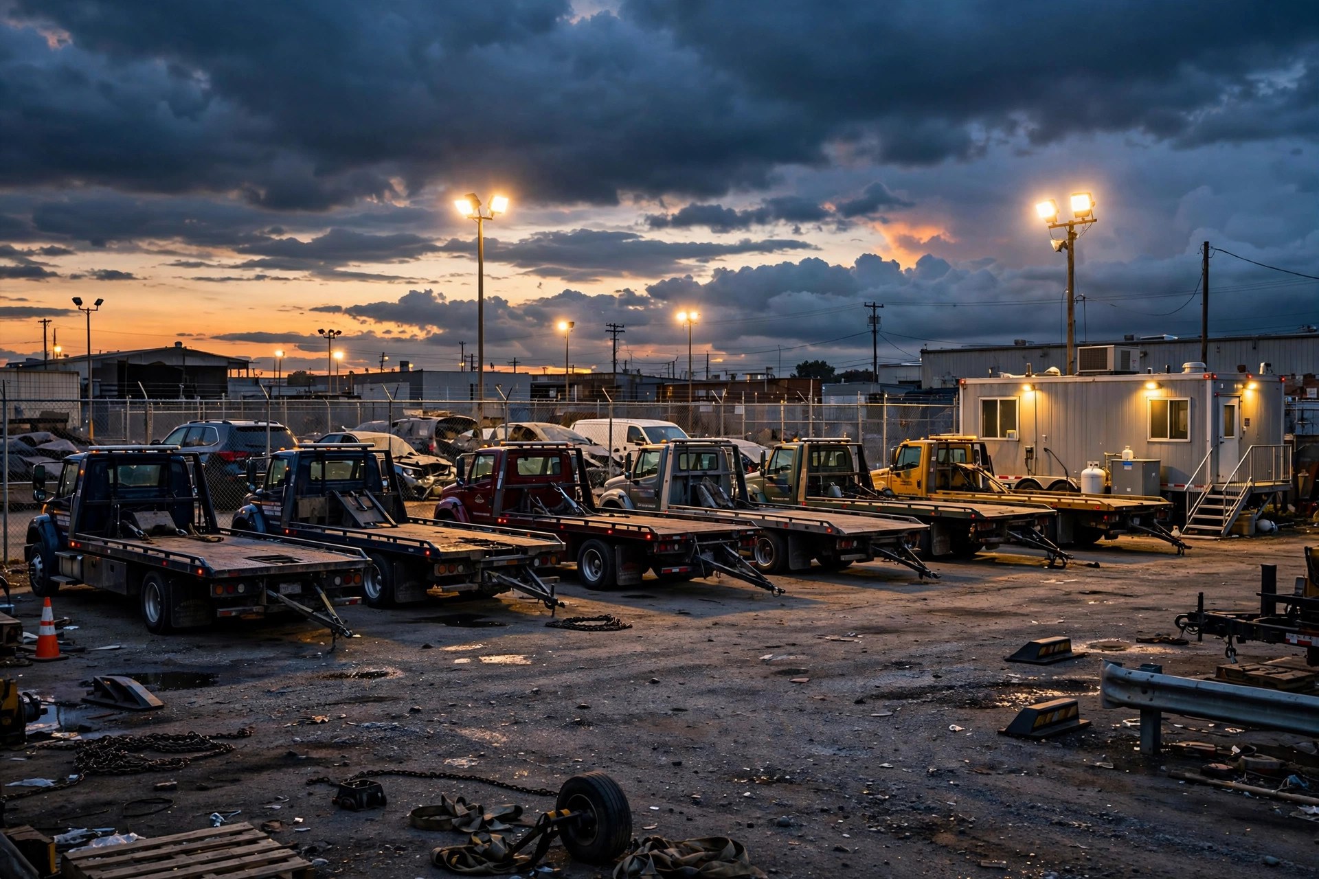 Towing company yard at dusk with flatbed trucks parked in rows near an impound office