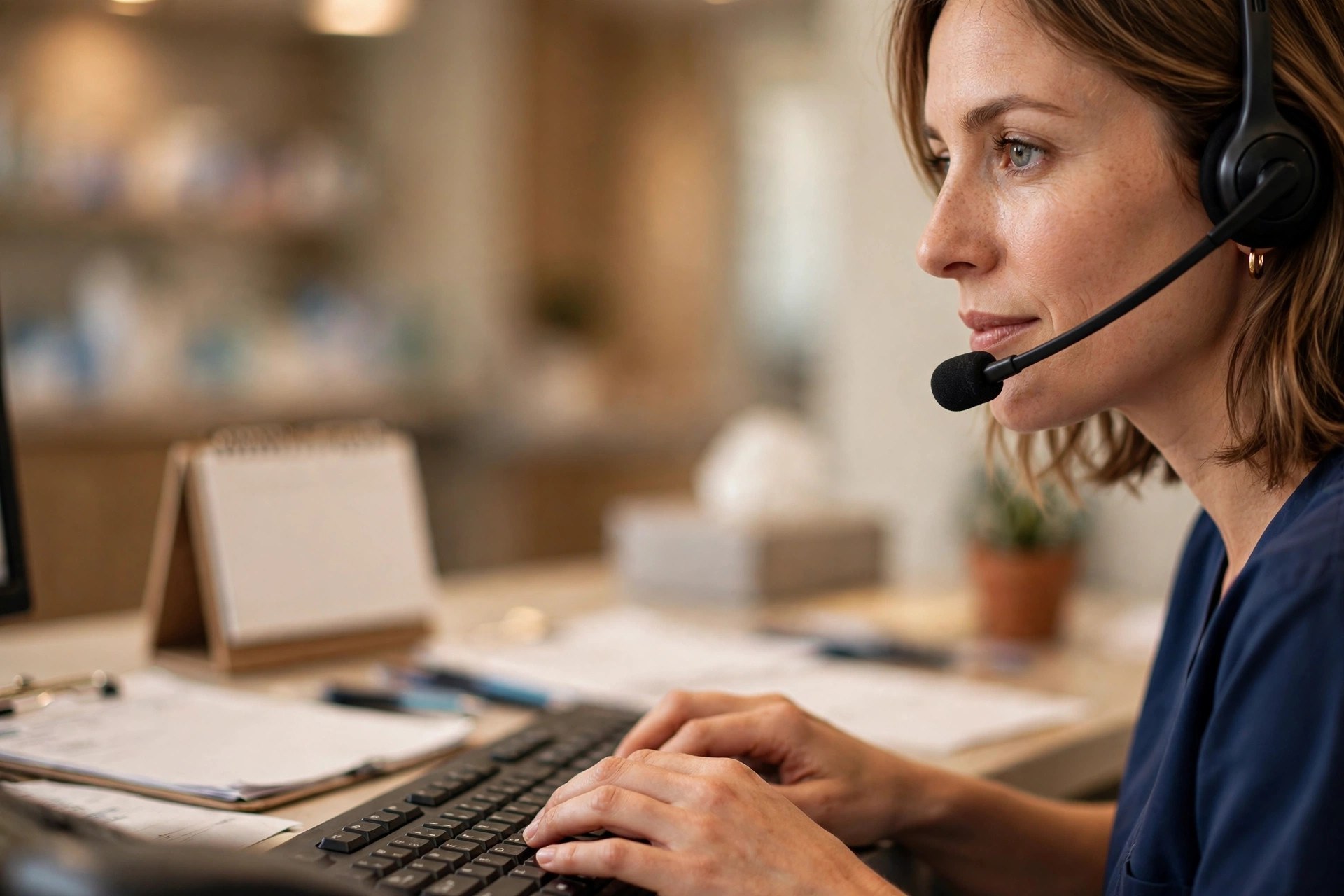 AI Answering Service for Chiropractors: The Complete Practice Guide Chiropractic clinic receptionist answering a phone call with a headset while booking an appointment