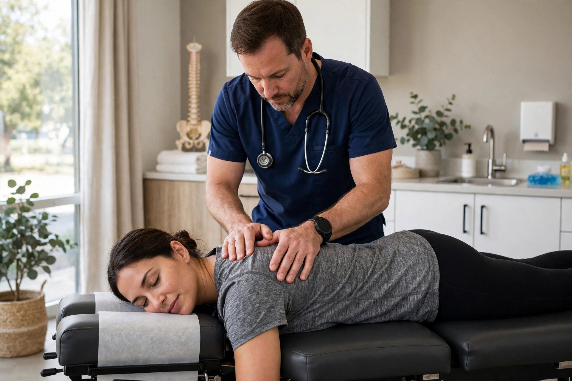 AI Answering Service for Chiropractors: The Complete Practice Guide Chiropractor performing an adjustment on a patient on a treatment table in a modern clinic room