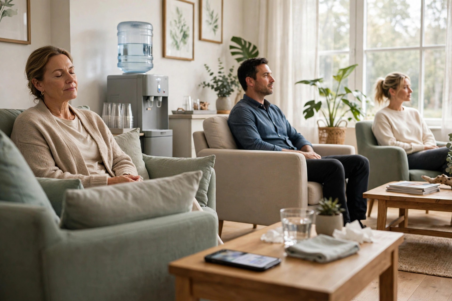 AI Answering Service for Chiropractors: The Complete Practice Guide Calm chiropractic waiting room with comfortable seating and a phone resting on a side table