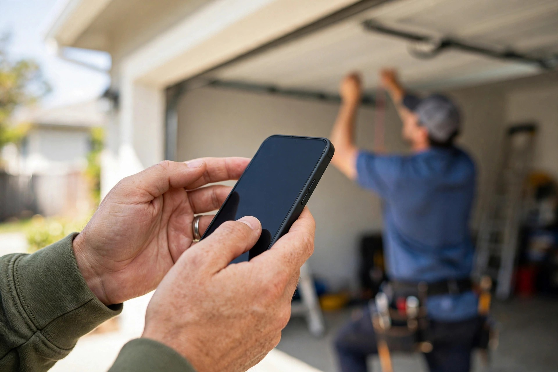AI Chatbot for Garage Door Companies: Capture Every Call, Book Every Job Homeowner using a smartphone to book a garage door repair while a technician works nearby
