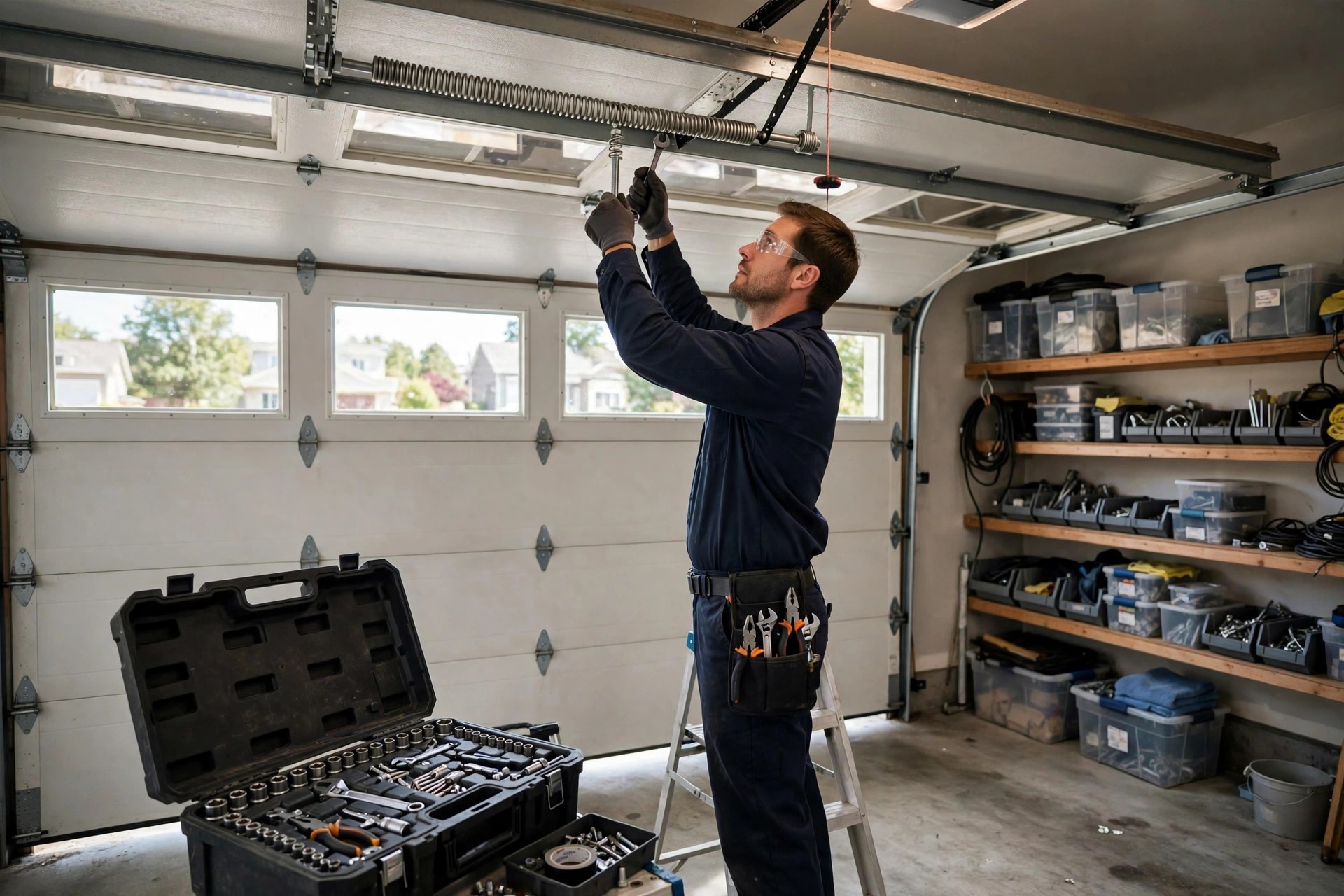 AI Chatbot for Garage Door Companies: Capture Every Call, Book Every Job Garage door technician servicing a torsion spring above a residential garage door