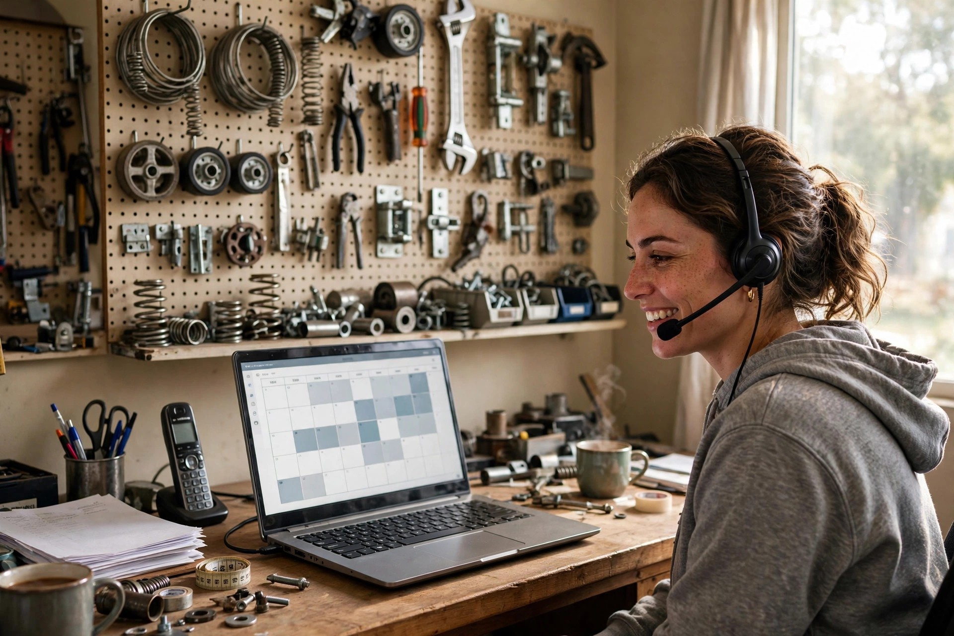 AI Chatbot for Garage Door Companies: Capture Every Call, Book Every Job Dispatcher at a garage door company office managing service bookings on a laptop