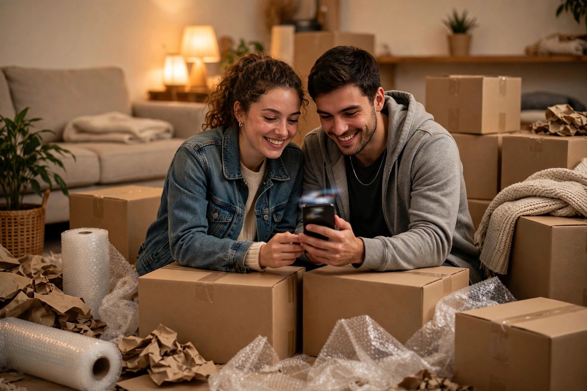AI Chatbot for Moving Companies: Quote and Book Moves Around the Clock Couple planning their move on a smartphone while sitting among packed boxes