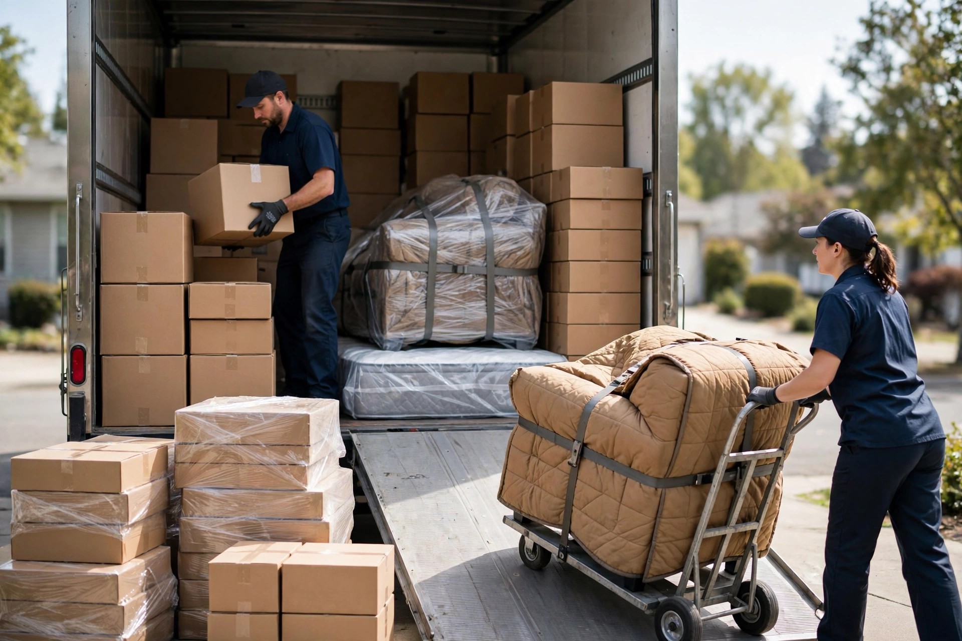 AI Chatbot for Moving Companies: Quote and Book Moves Around the Clock Professional movers loading wrapped furniture and boxes into a moving truck
