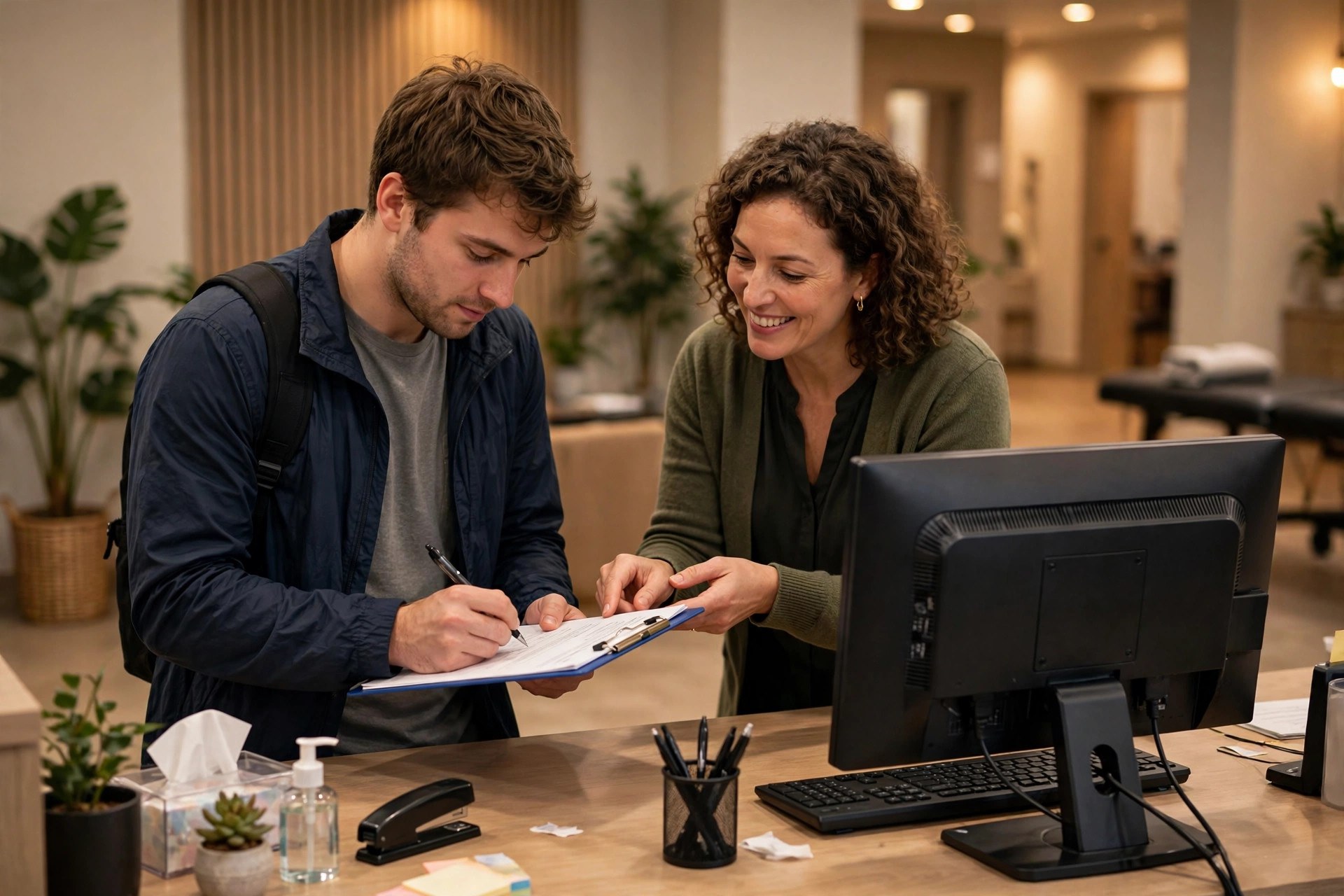 New patient completing a chiropractic intake form at the front desk while a receptionist assists