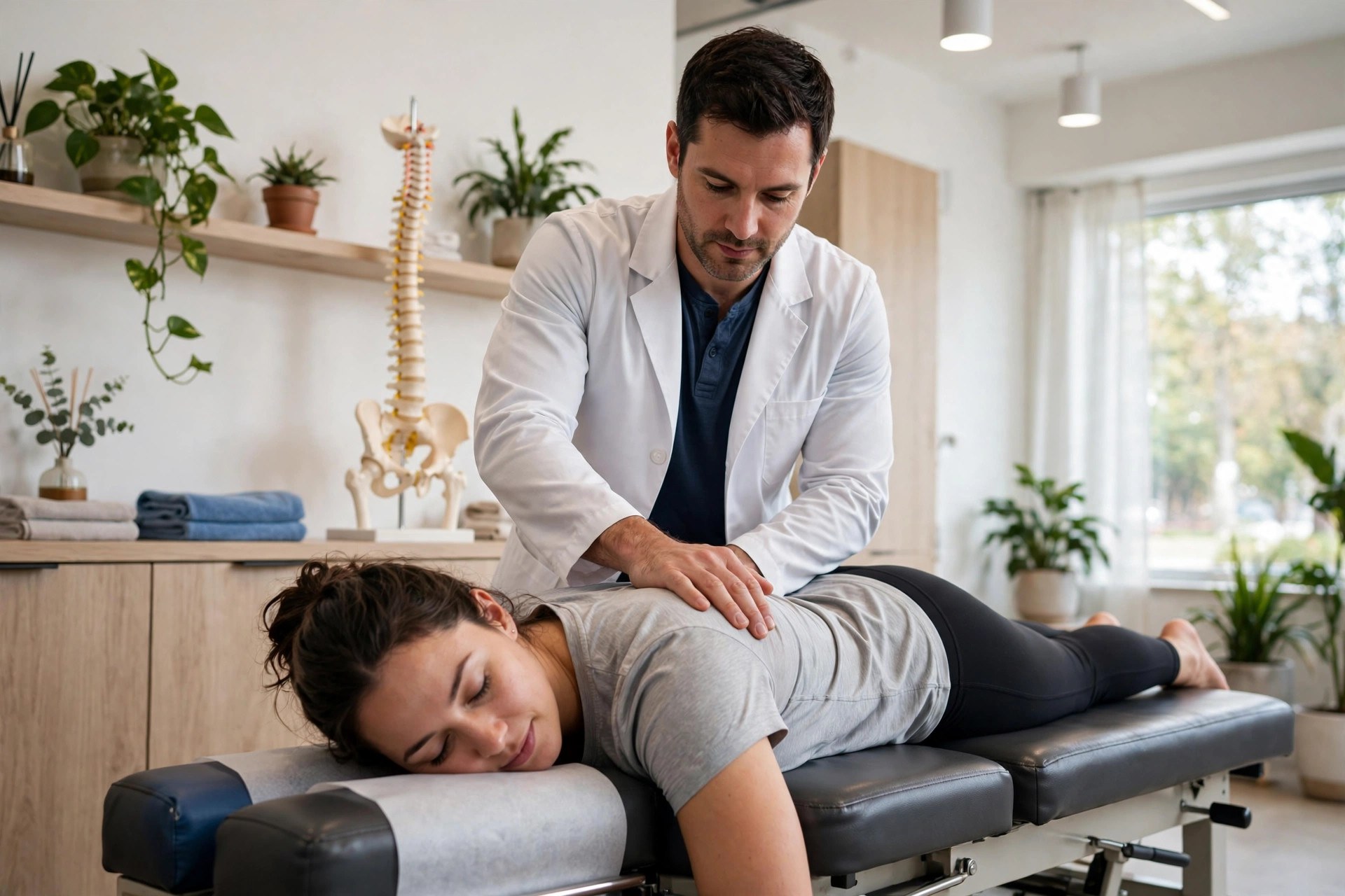 Chiropractor performing a spinal adjustment on a patient in a bright modern clinic
