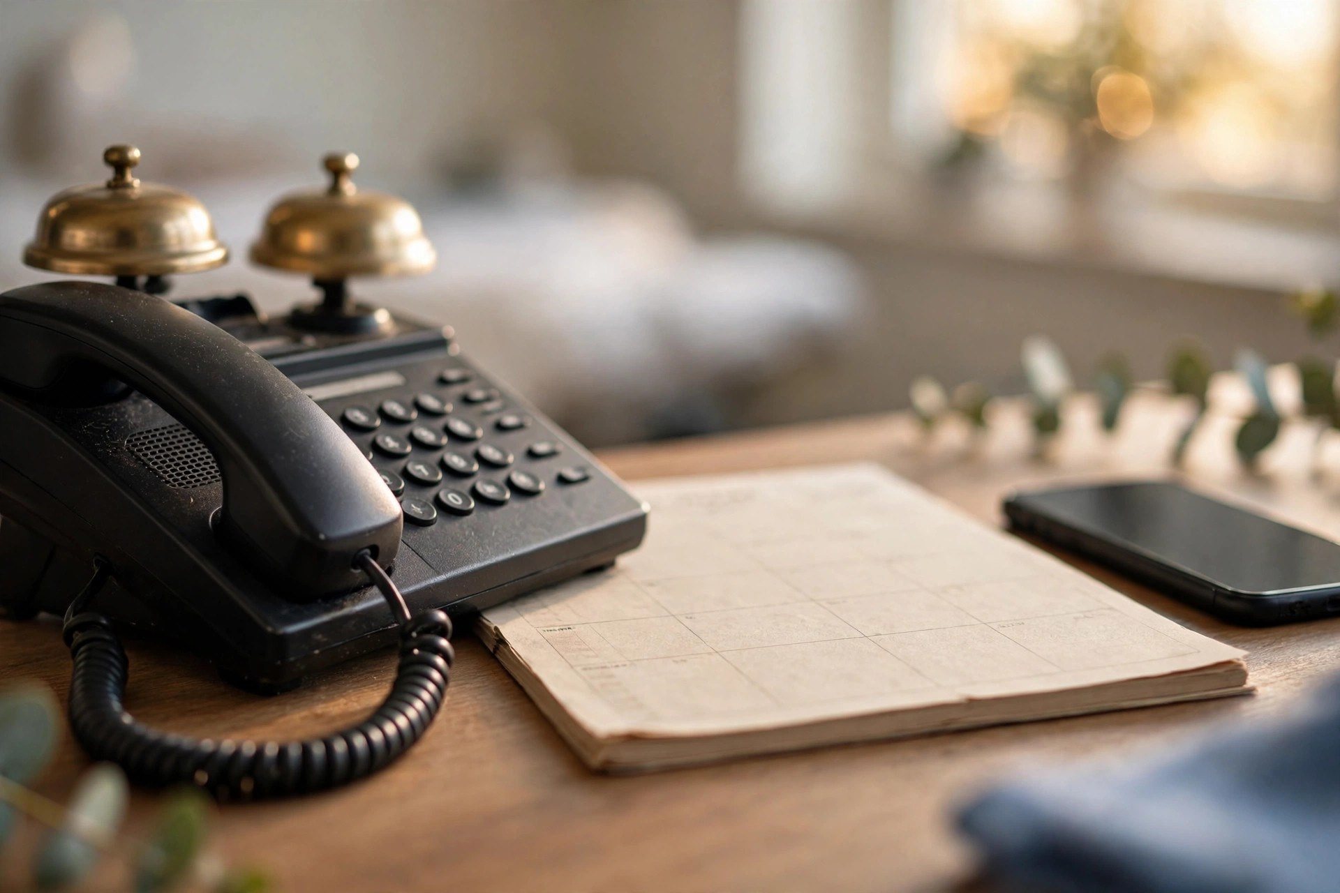 Ringing office phone next to an appointment planner at a chiropractic clinic reception