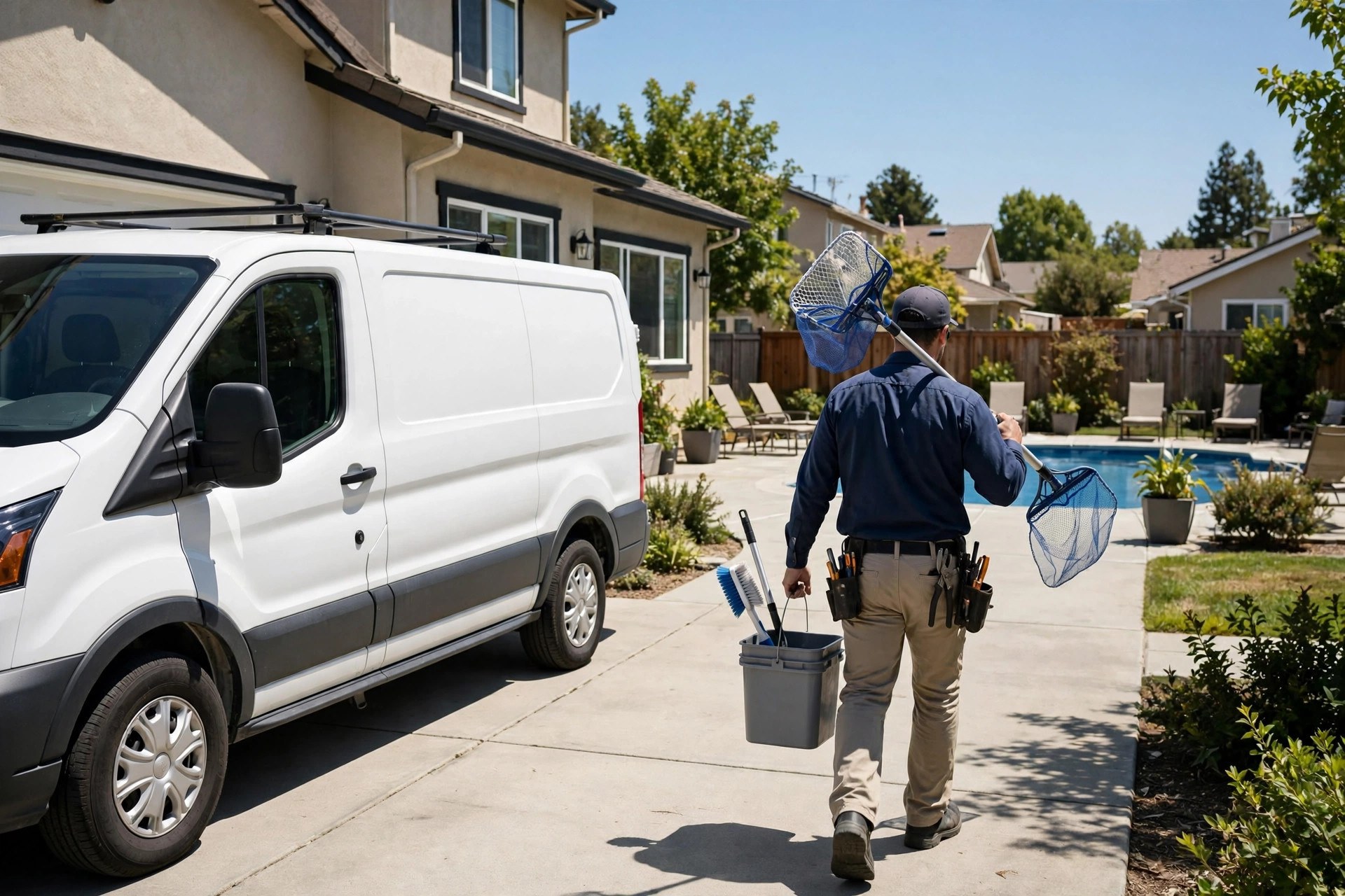 Pool service van parked in a driveway with a technician carrying cleaning equipment