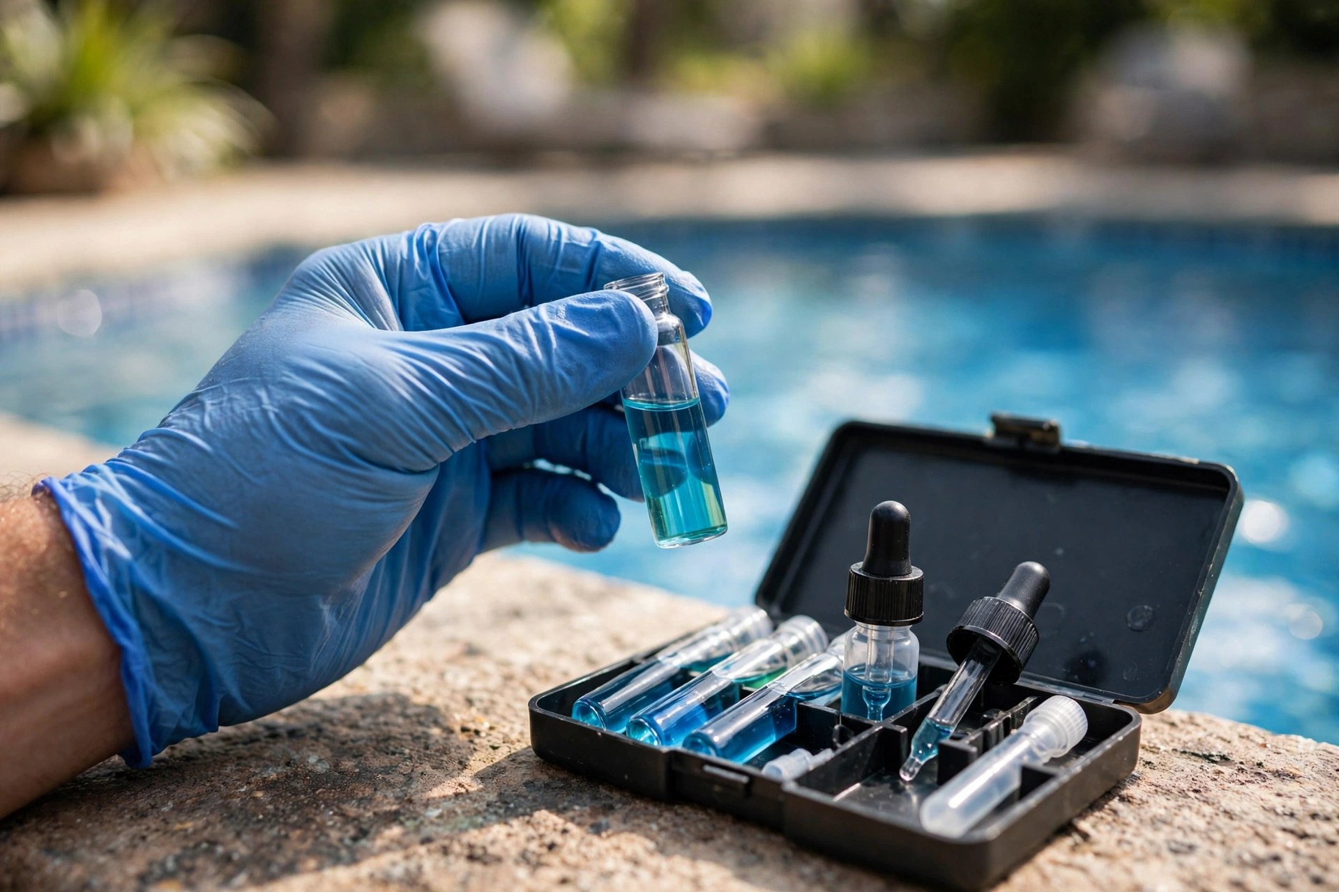 Pool technician testing swimming pool water chemistry with a reagent test kit