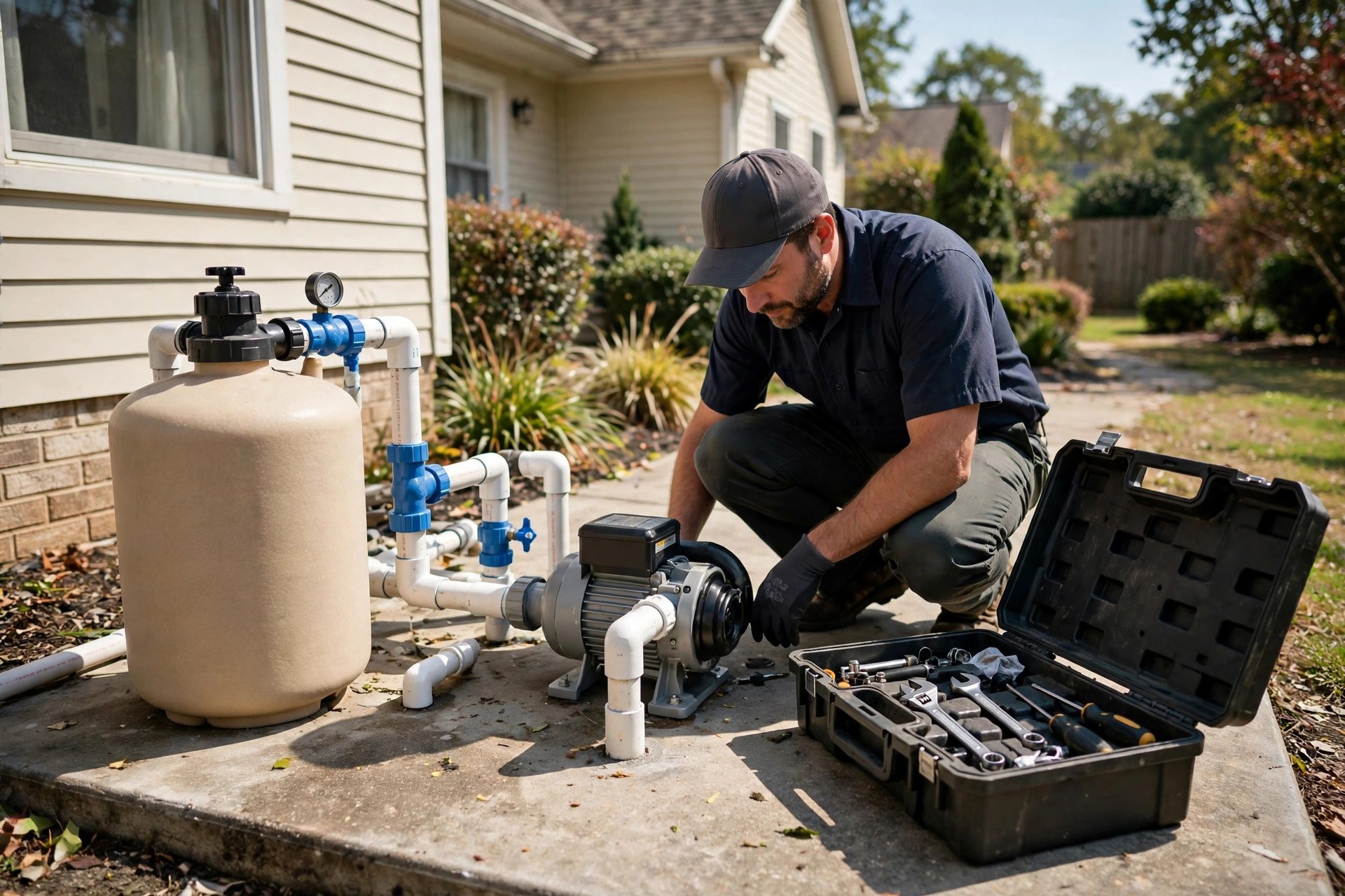 Pool technician inspecting pump and filter equipment beside a residential pool