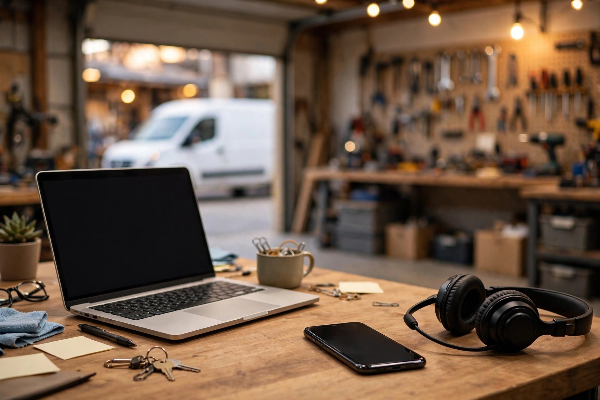 Small garage door company dispatch desk with a smartphone, laptop, and headset, workshop and service van blurred behind