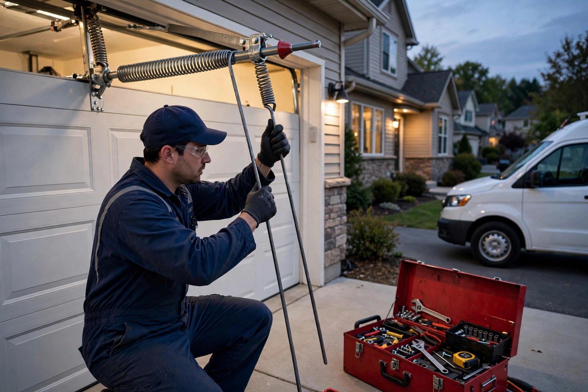 Garage door service technician in uniform winding a new torsion spring on a residential garage door mechanism at dusk