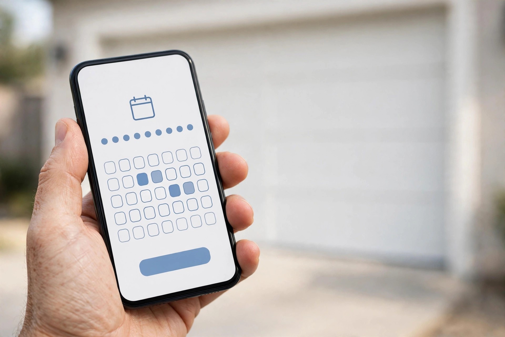 Close-up of a hand holding a smartphone showing a garage door service appointment booking screen with a new garage door blurred behind