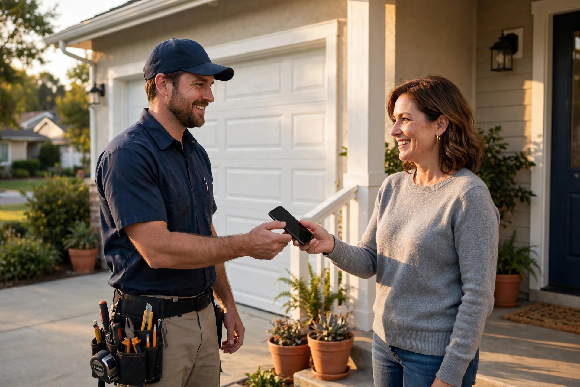 How to Get More Google Reviews for Garage Door Companies Friendly garage door technician handing a smartphone to a smiling homeowner on a porch after an installation