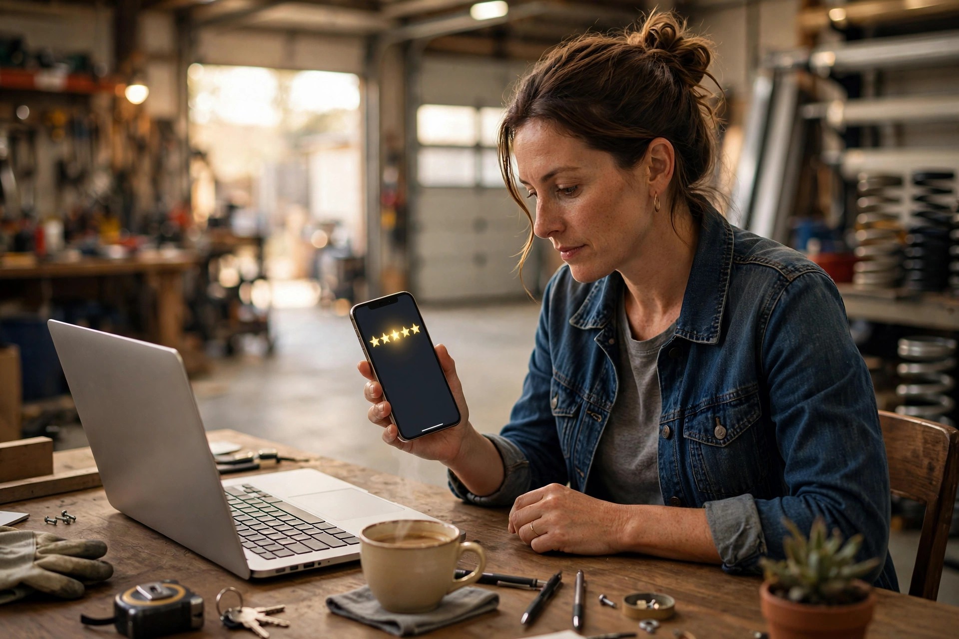 How to Get More Google Reviews for Garage Door Companies Small business owner at a desk reviewing gold star ratings on a smartphone, laptop and coffee cup nearby