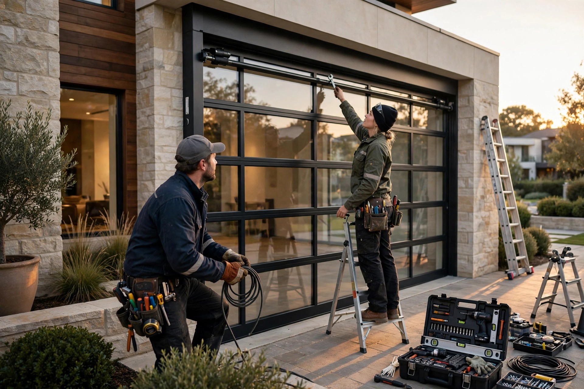 How to Get More Google Reviews for Garage Door Companies Two-person garage door crew finishing a modern glass and steel garage door installation at a suburban home at golden hour