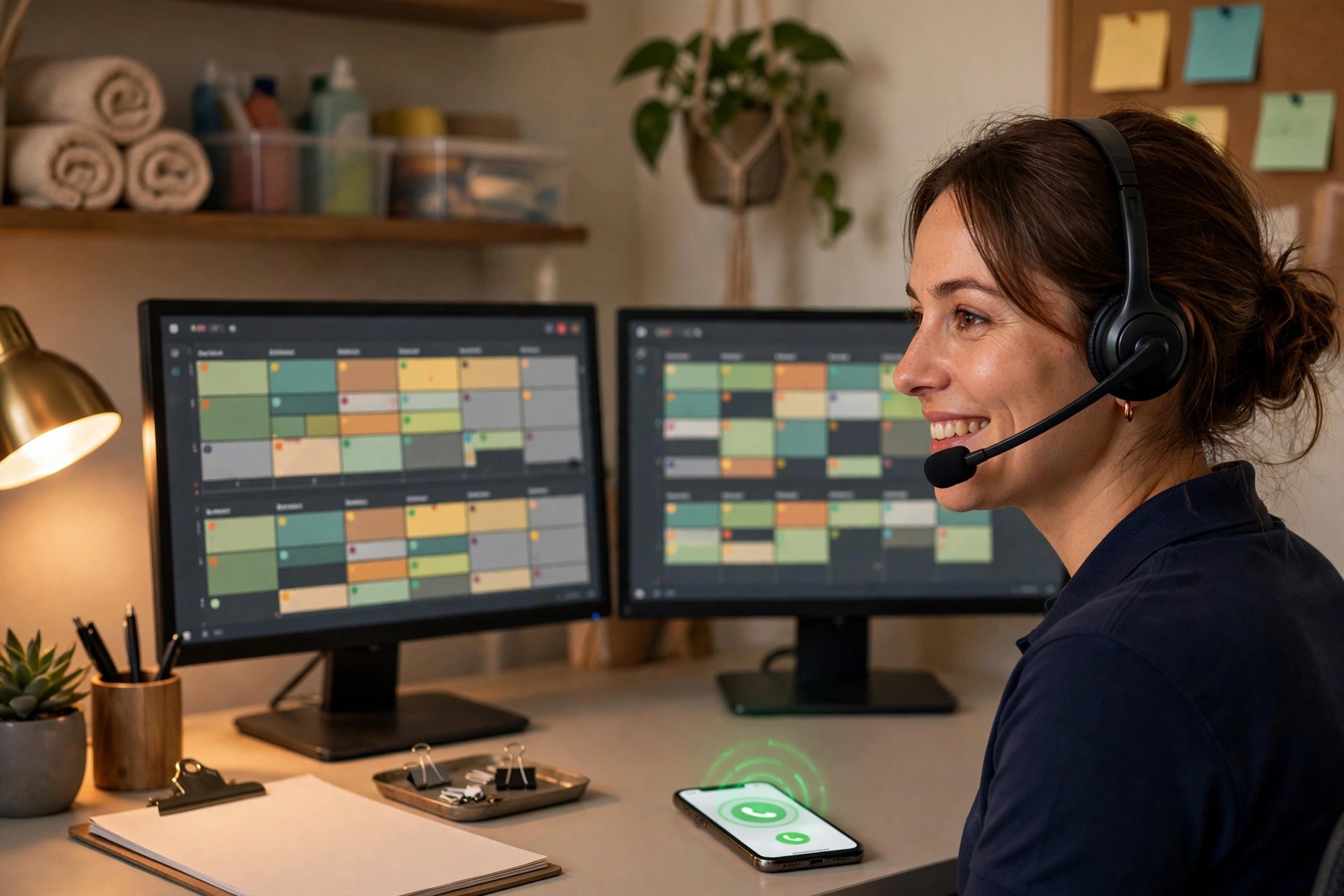 Dispatcher with a headset answering calls at a garage door company office desk
