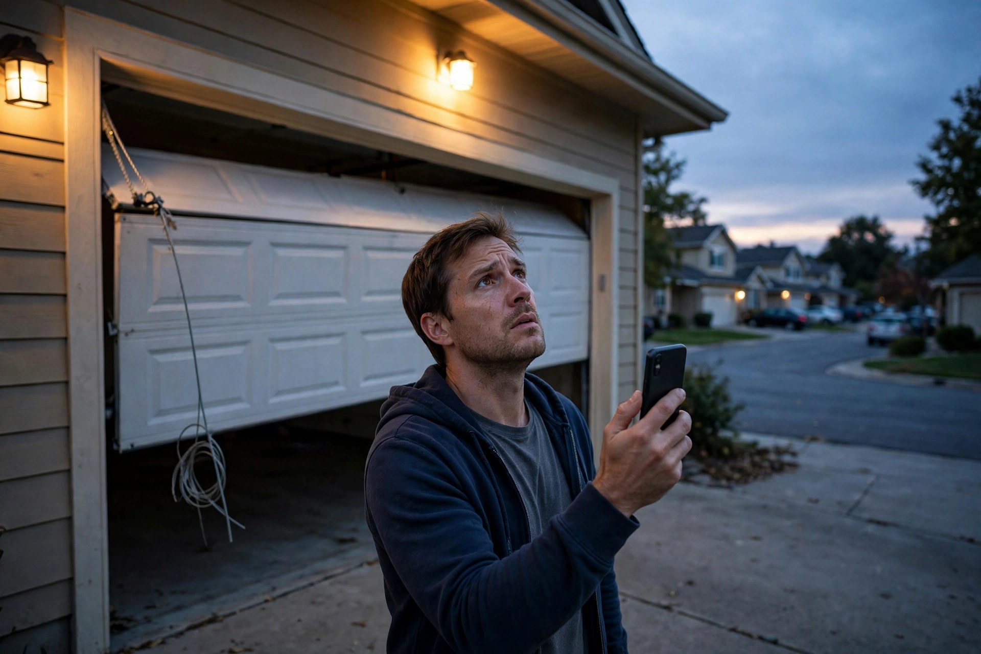 Homeowner holding a phone next to a garage door stuck halfway open at dusk