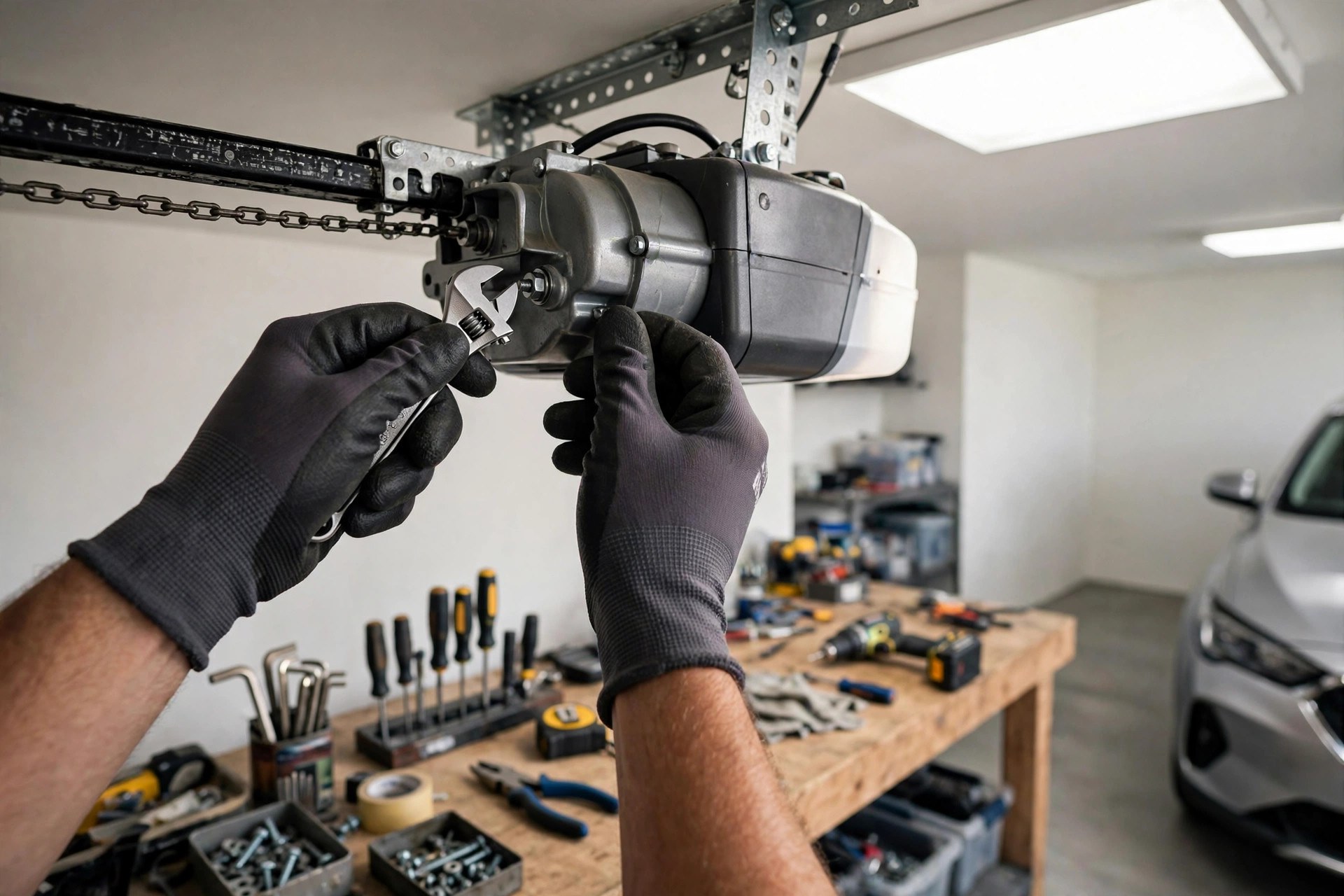 Technician adjusting a garage door opener motor inside a home garage