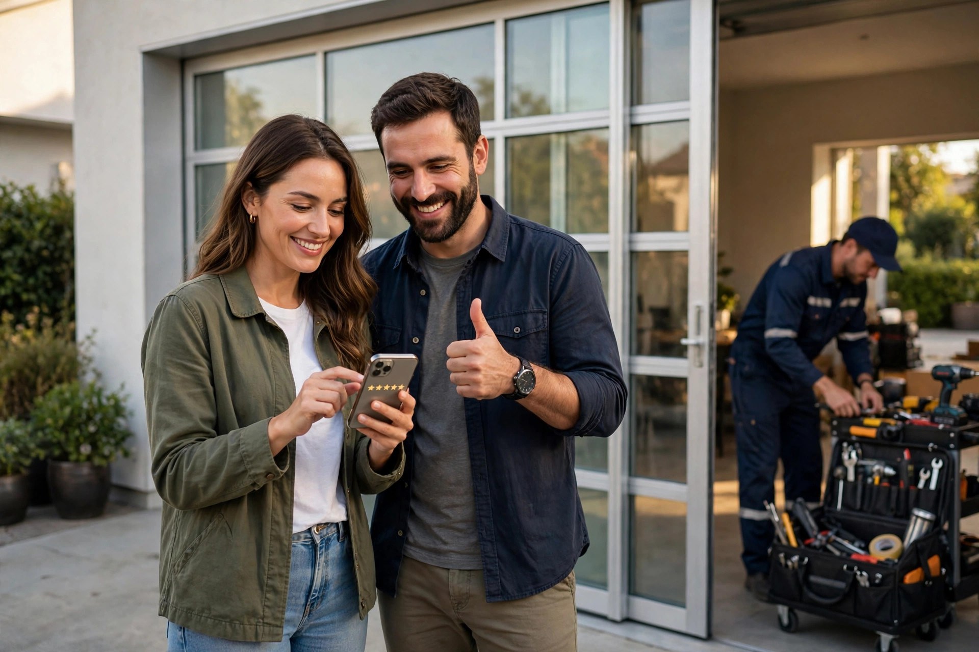 Happy homeowners leaving a five star review on a phone after a garage door installation