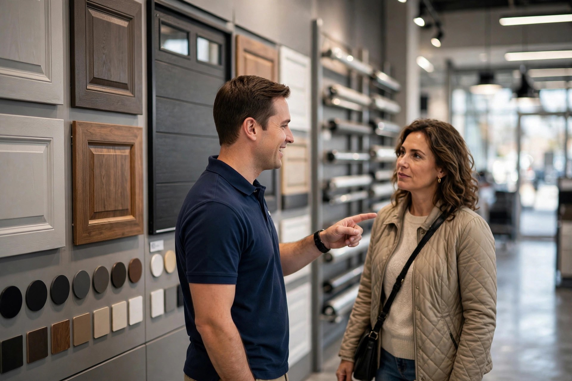 Salesperson showing garage door style samples to a homeowner in a showroom