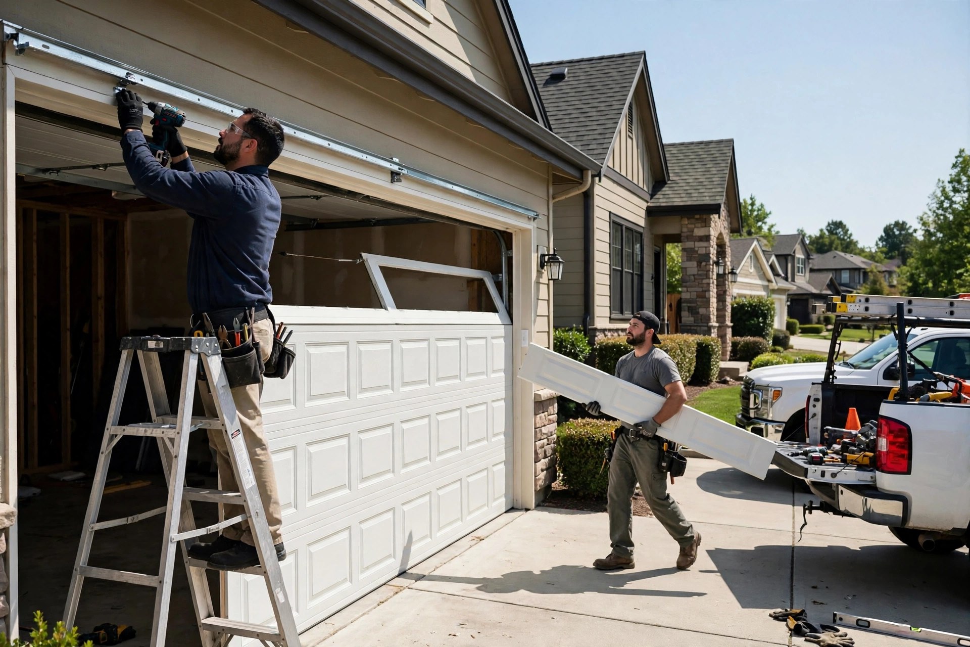 Garage door installation team fitting a new residential door with a service truck nearby