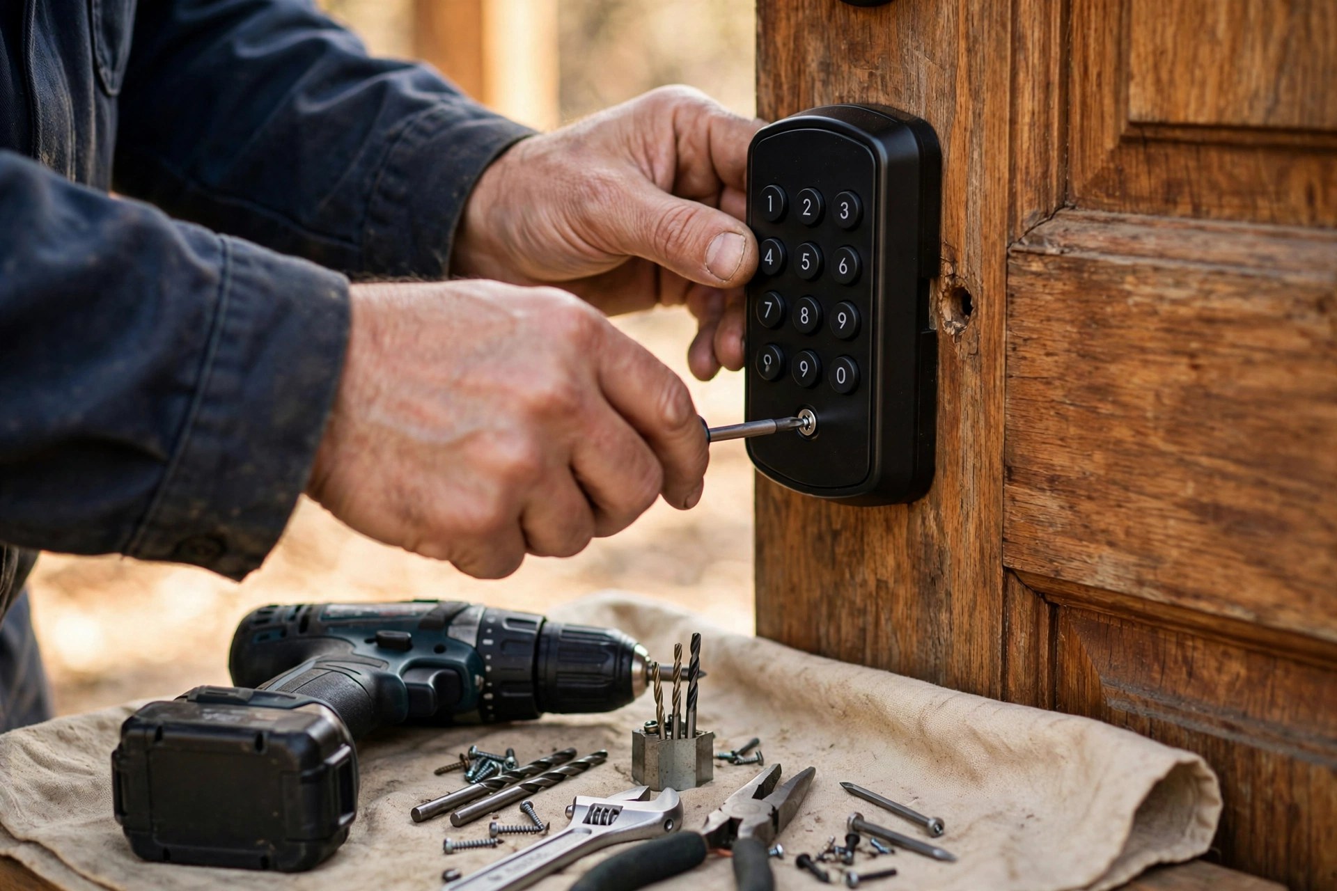 Locksmith installing a modern keypad deadbolt lock on a wooden front door during a service visit