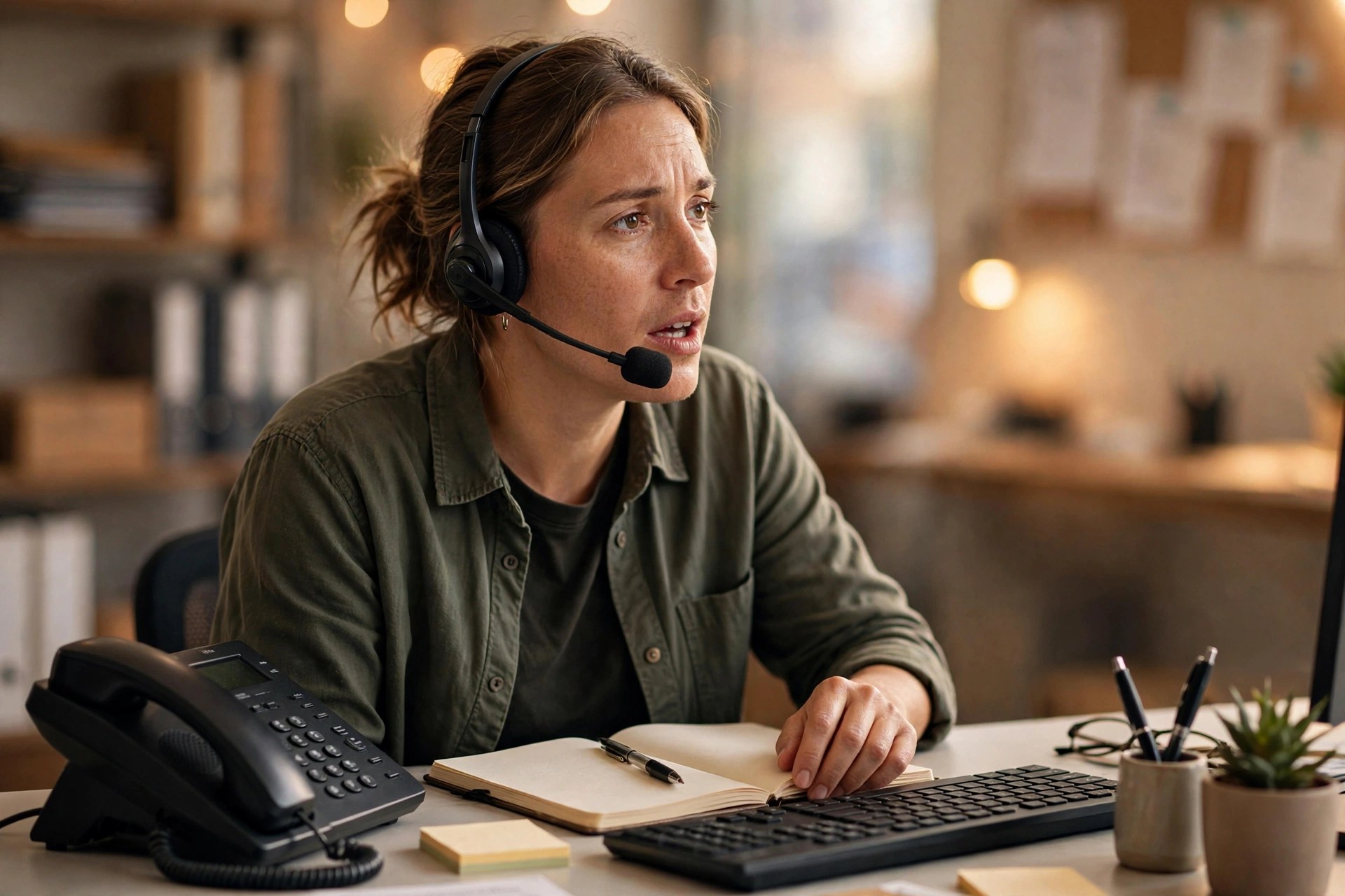 Locksmith business dispatcher wearing a headset answering an urgent customer call at an office desk