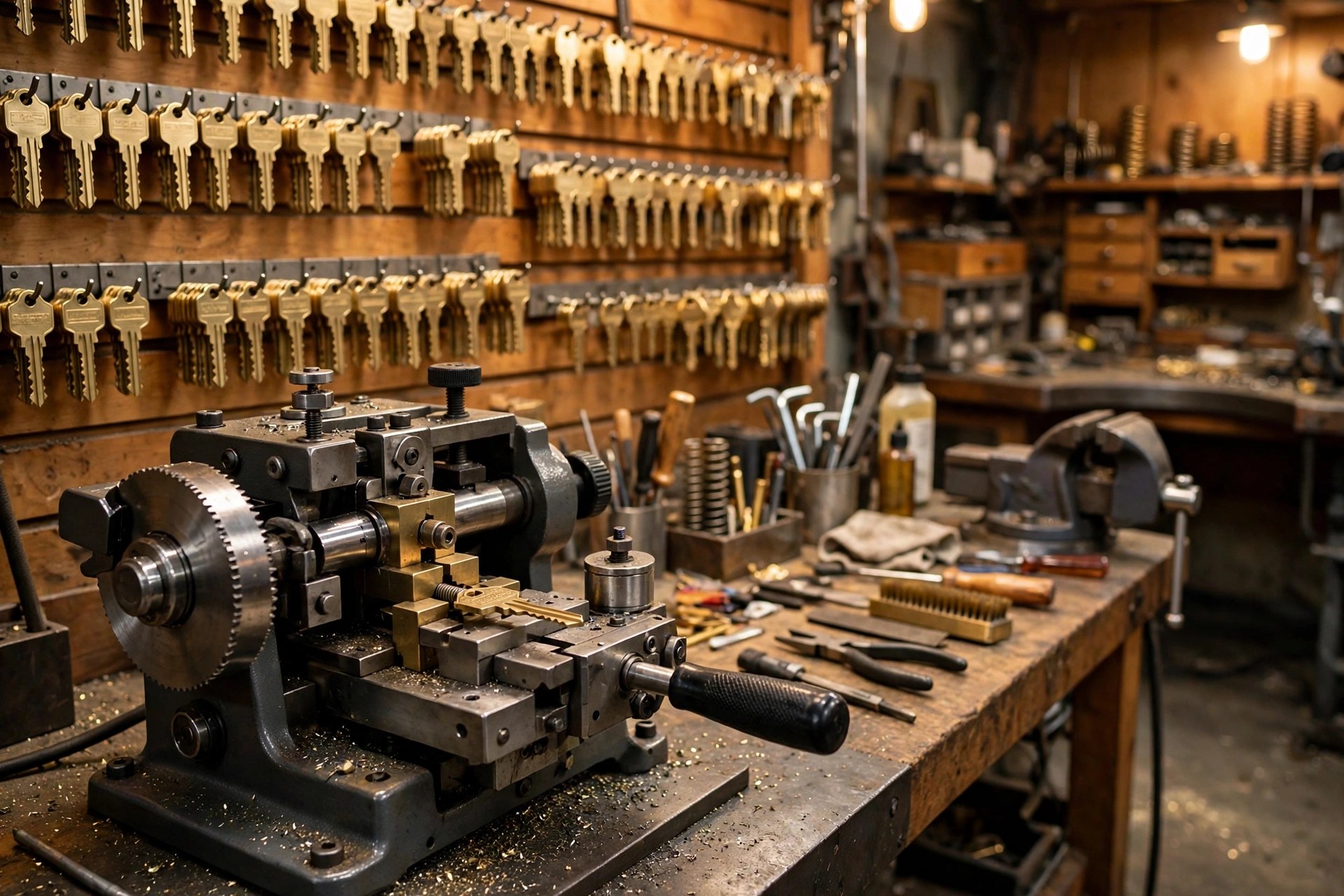 Key cutting machine in focus inside a locksmith workshop with racks of brass key blanks