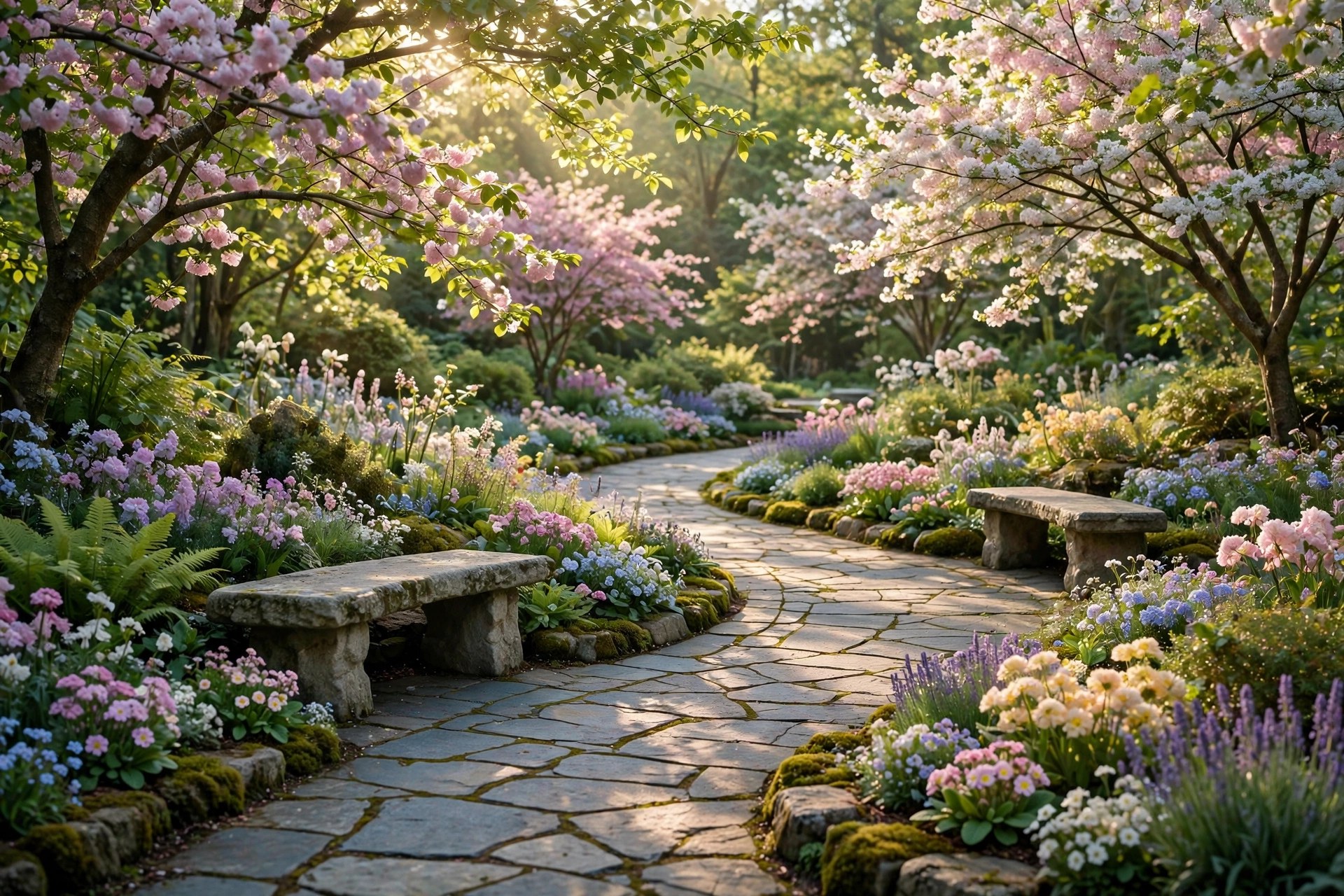Email Marketing for Funeral Homes: A Respectful, Practical Guide Tranquil memorial garden with stone benches, flowering trees and a curved pathway in soft sunlight