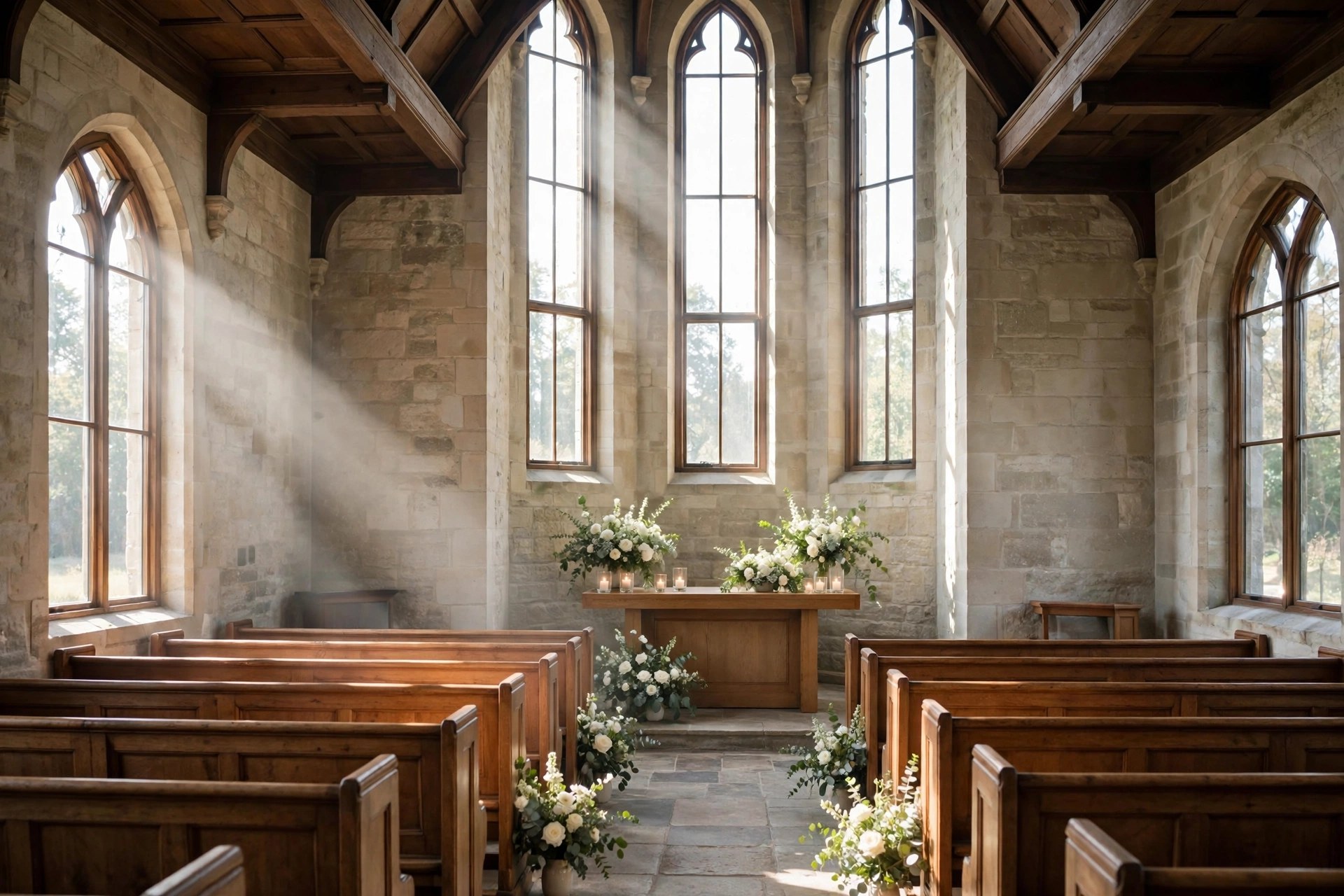 Email Marketing for Funeral Homes: A Respectful, Practical Guide Elegant chapel interior with wooden pews, tall windows, white floral arrangements and lit candles