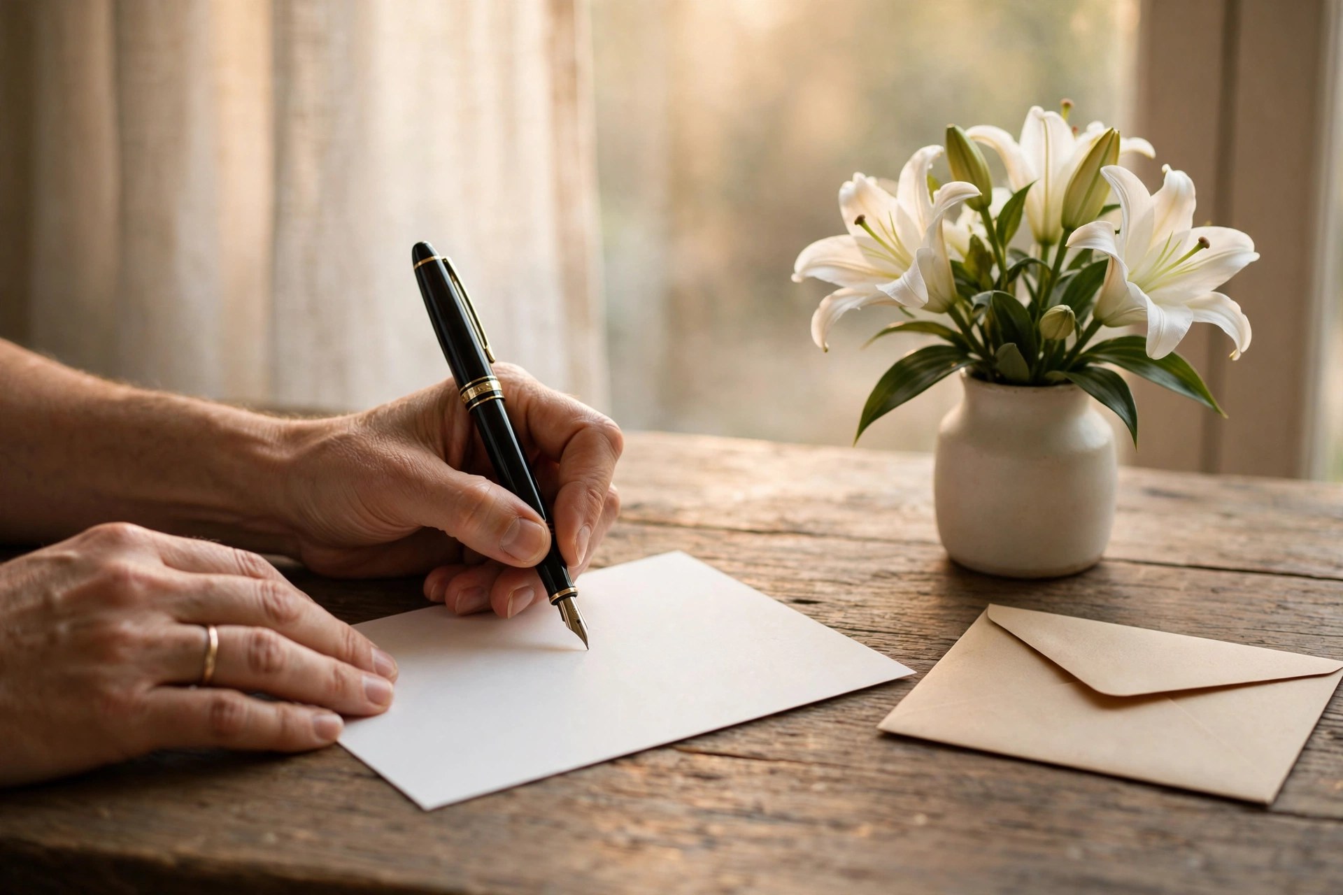 Email Marketing for Funeral Homes: A Respectful, Practical Guide Hands writing a condolence card with a fountain pen at a wooden desk beside white lilies