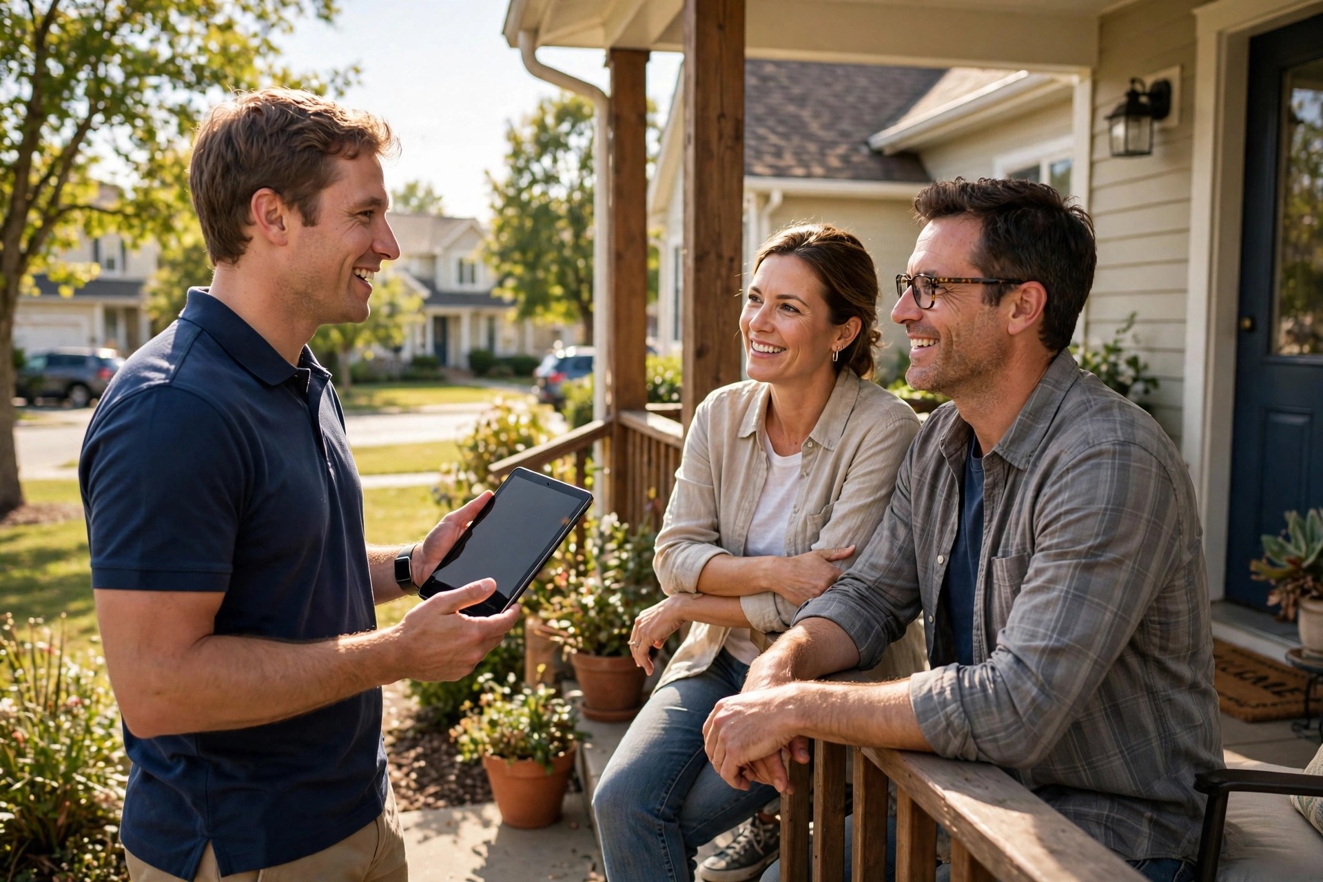 Lead Follow-Up Automation for Solar Companies: Stop Losing Expensive Leads Solar sales consultant talking with a homeowner couple on their front porch while holding a tablet