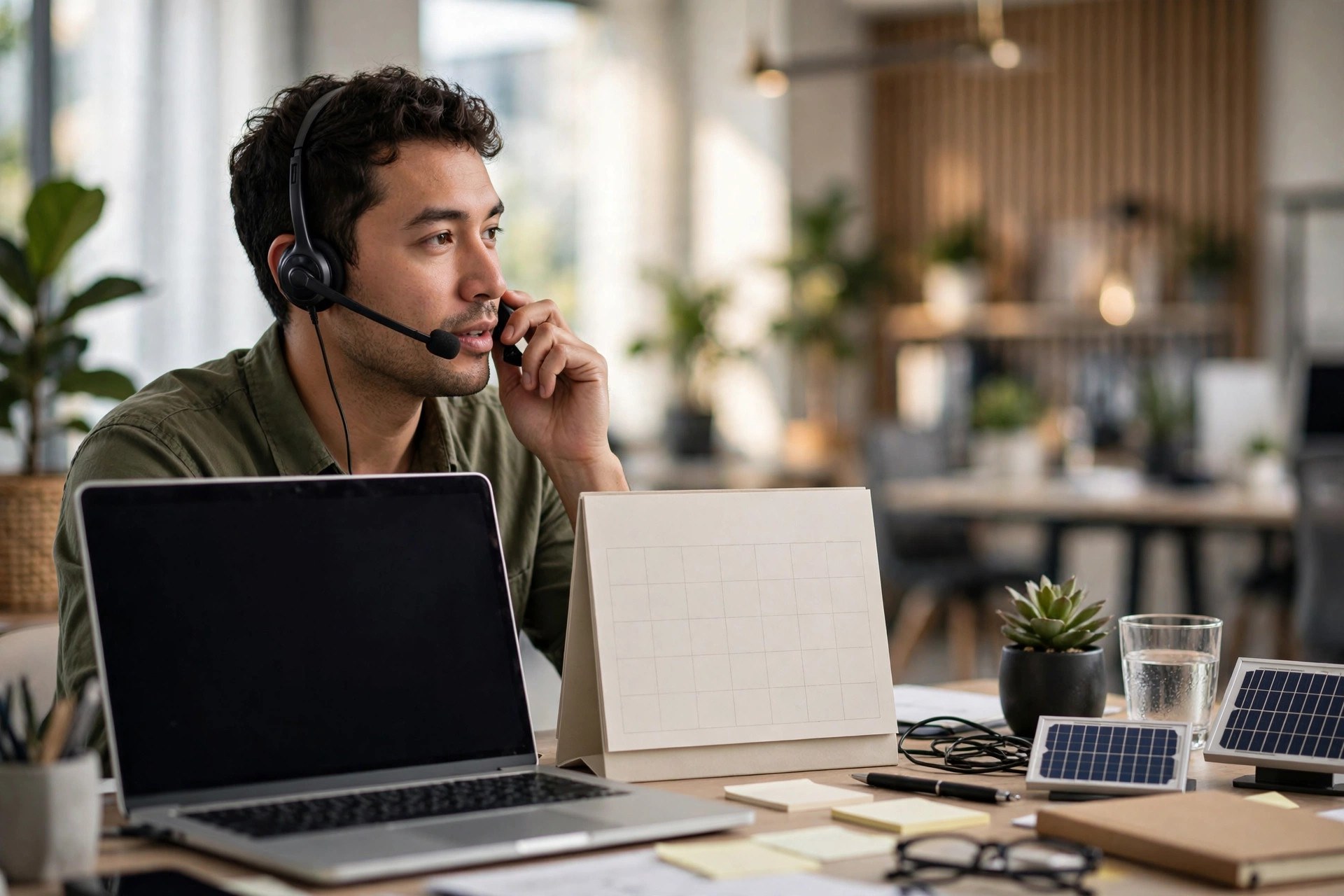 Lead Follow-Up Automation for Solar Companies: Stop Losing Expensive Leads Solar company sales representative calling a lead from a bright office desk