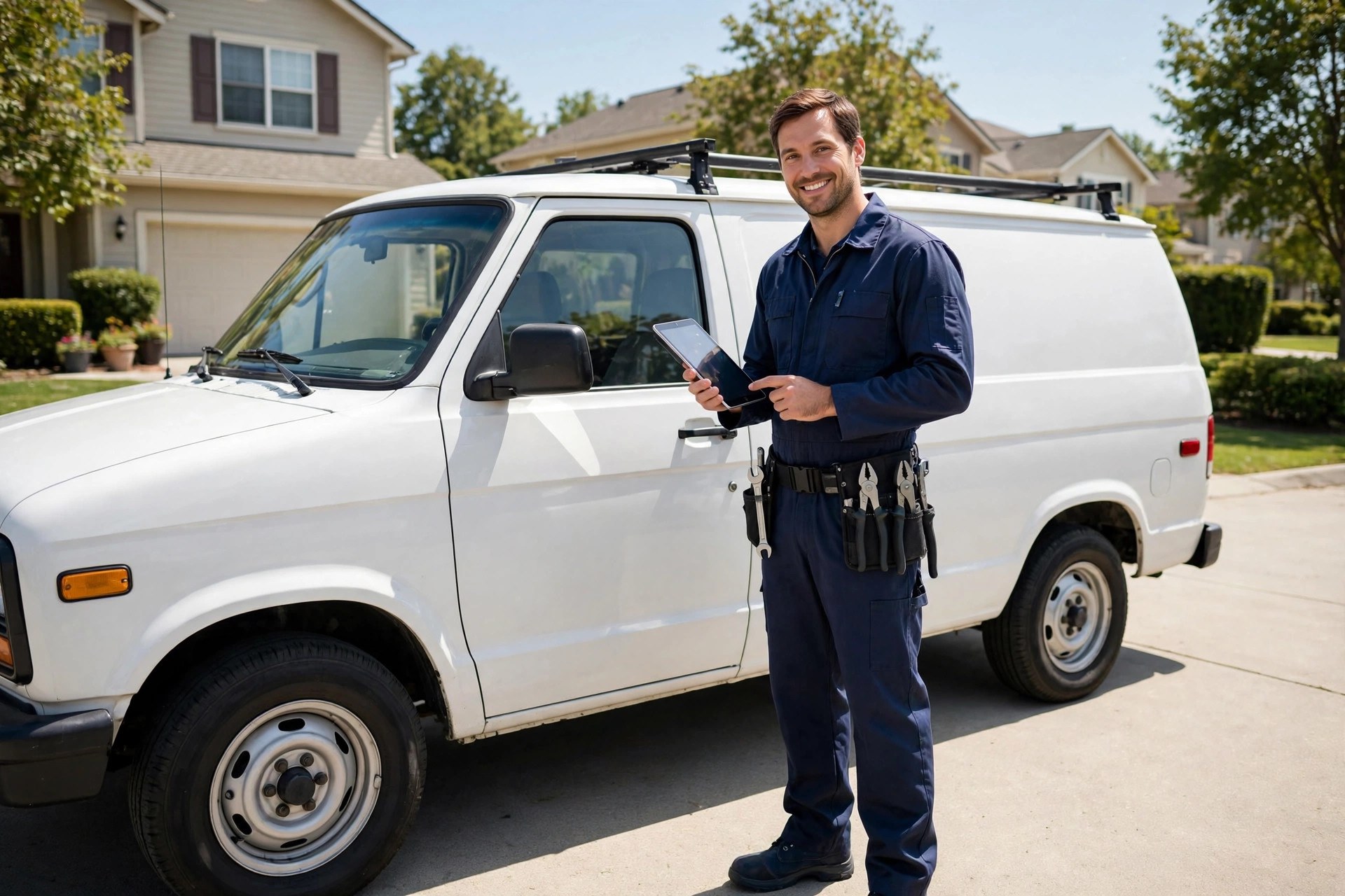 Plumber in a navy work uniform standing beside a white service van in a suburban driveway holding a tablet