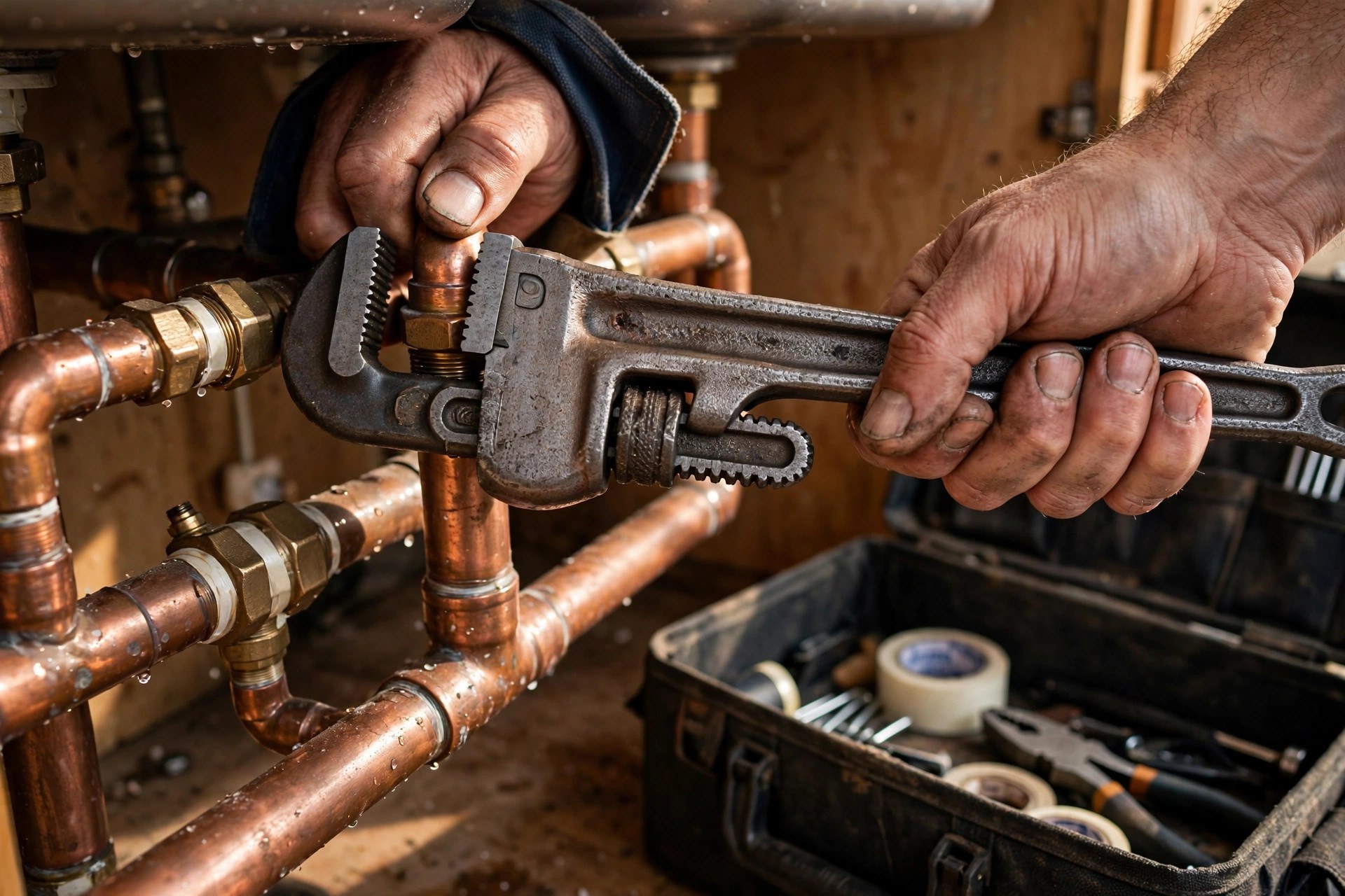 Plumber's hands using a pipe wrench on copper pipes under a kitchen sink with a toolbox nearby