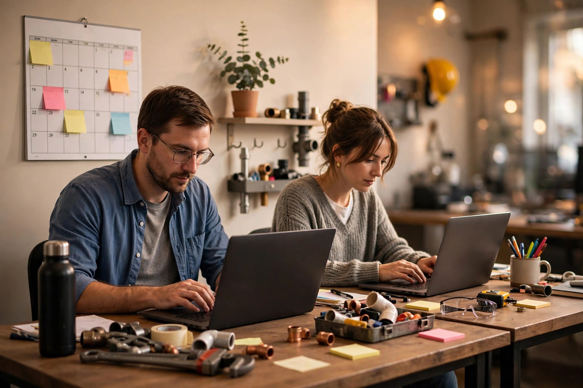 Two employees working at desks with laptops in a small plumbing business office