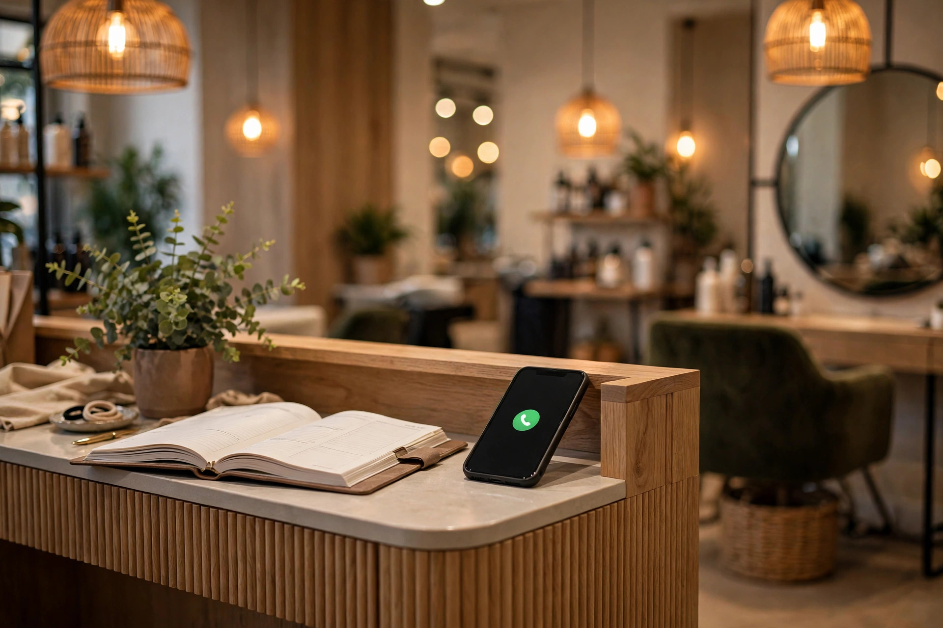 Smartphone on a salon reception desk with an appointment book