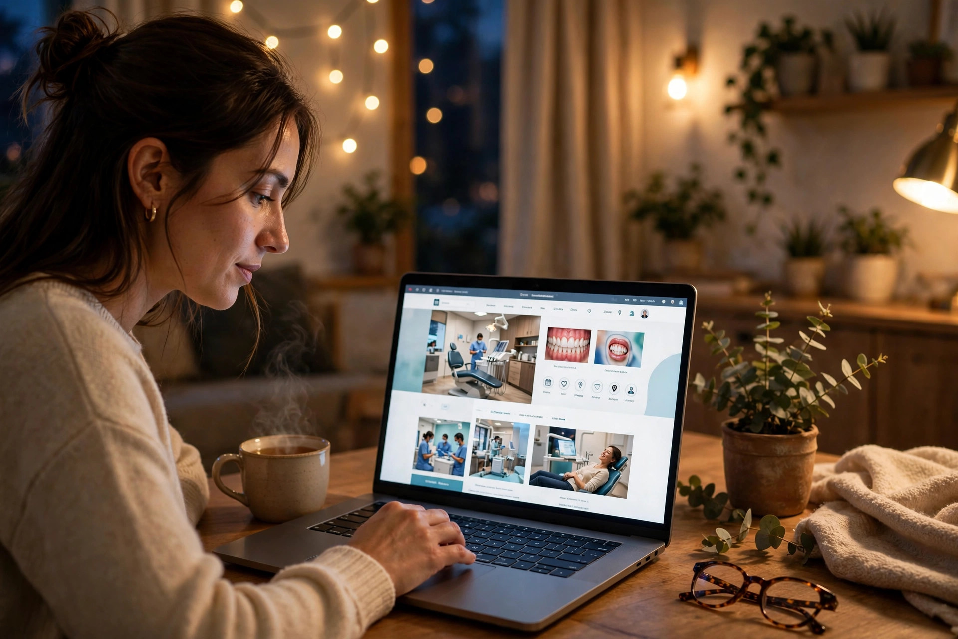 Person browsing a dental clinic website on a laptop at home in the evening