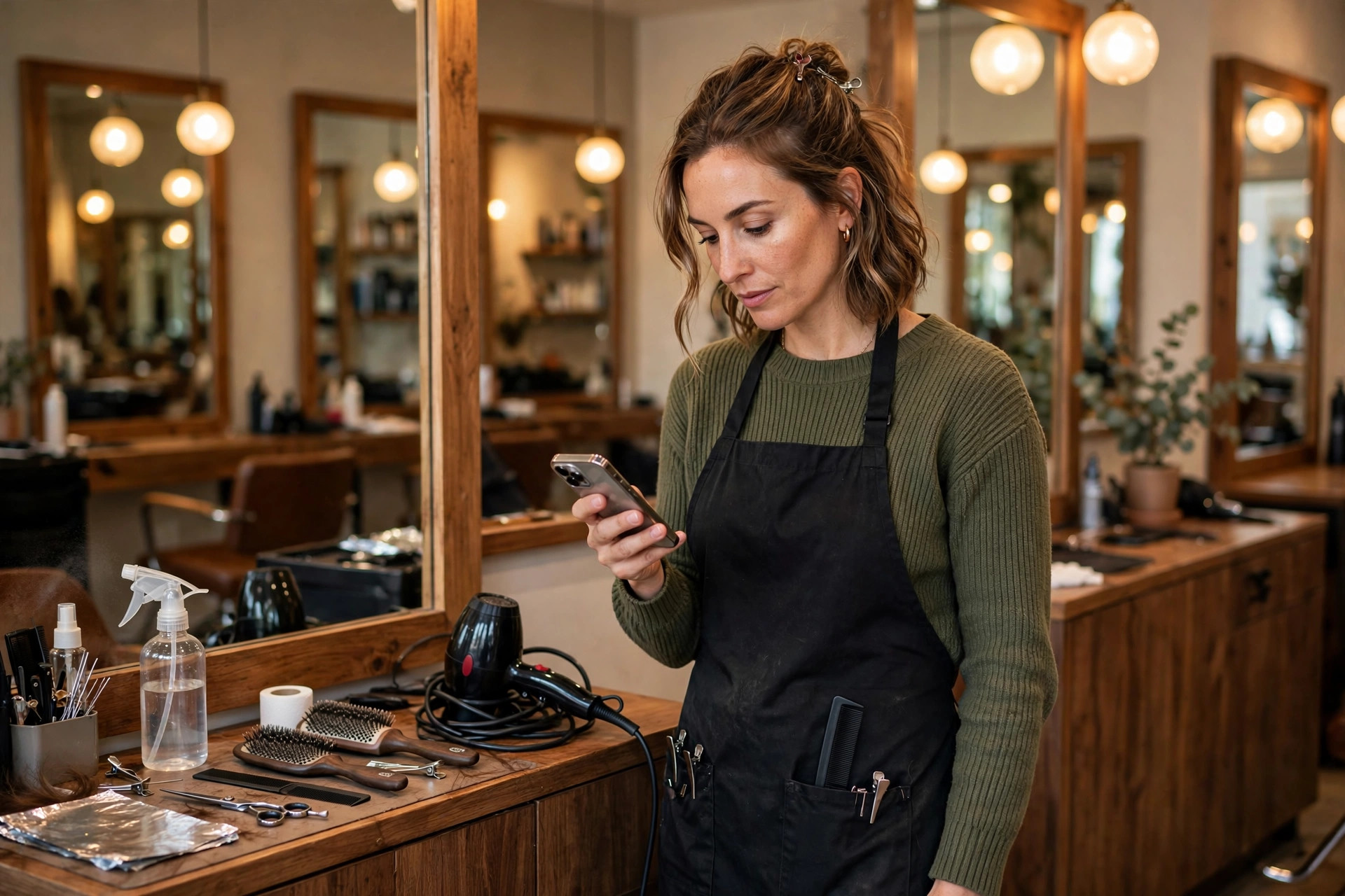 Stylist checking a phone between clients in a hair salon