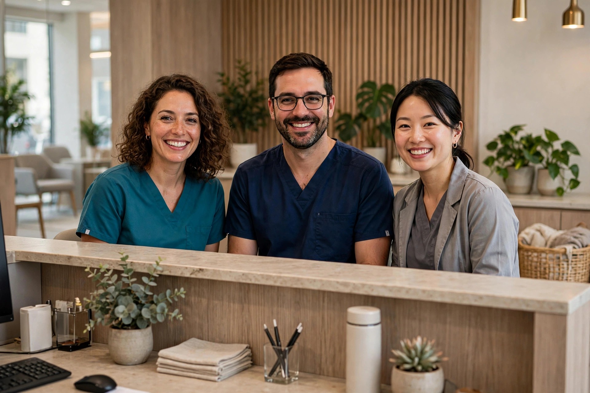 Dental team smiling at the front desk of a modern clinic