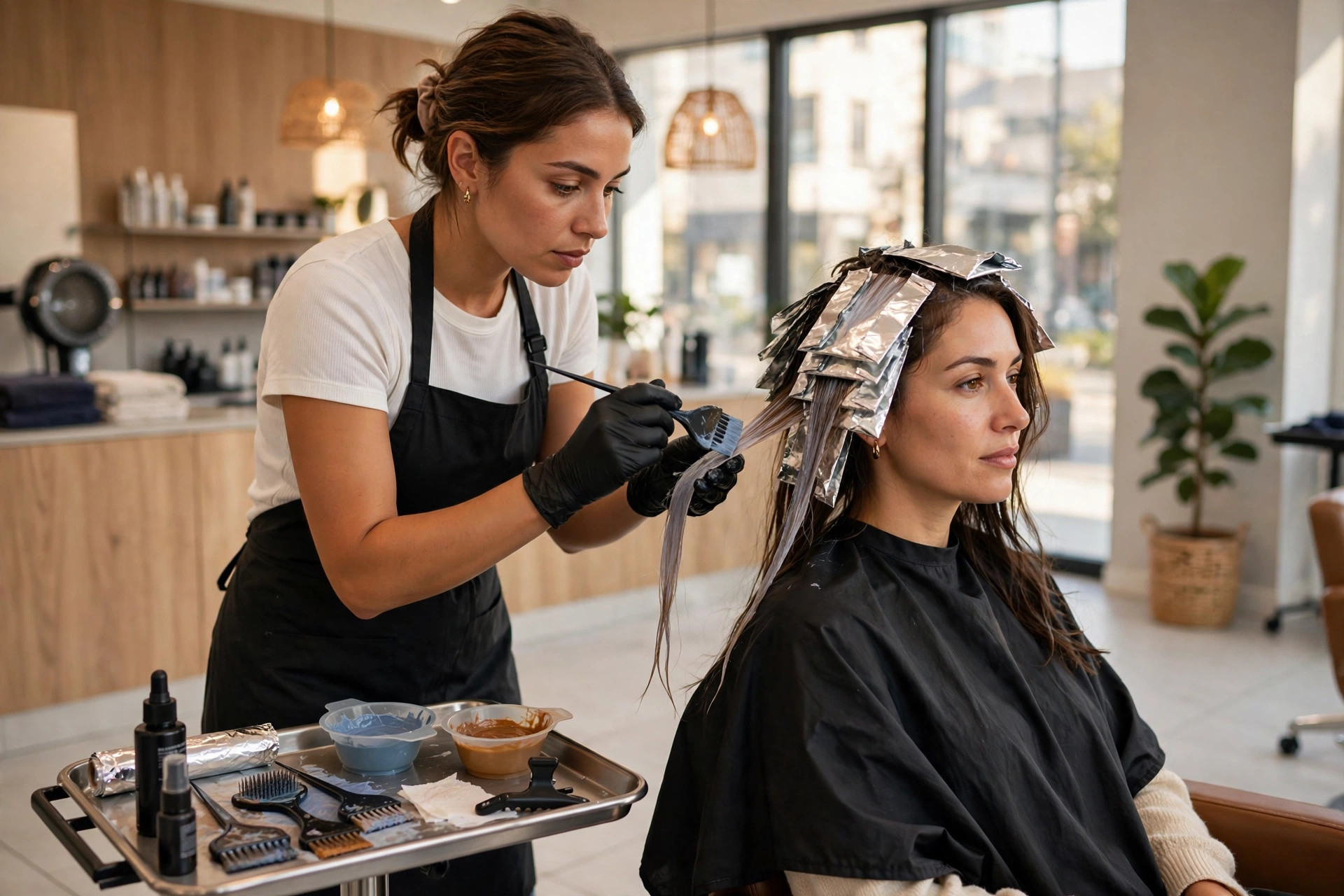 Stylist applying hair color with foils in a bright salon