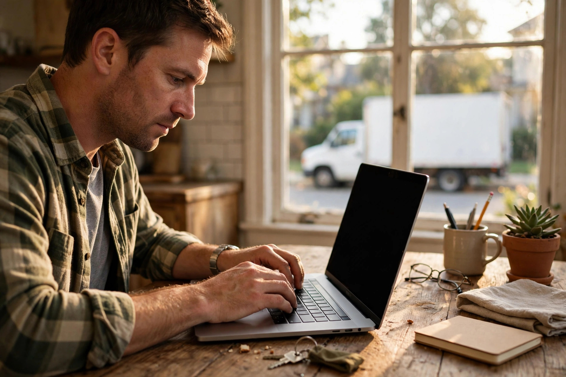 Homeowner requesting a junk removal quote on a laptop with a junk removal truck in the background