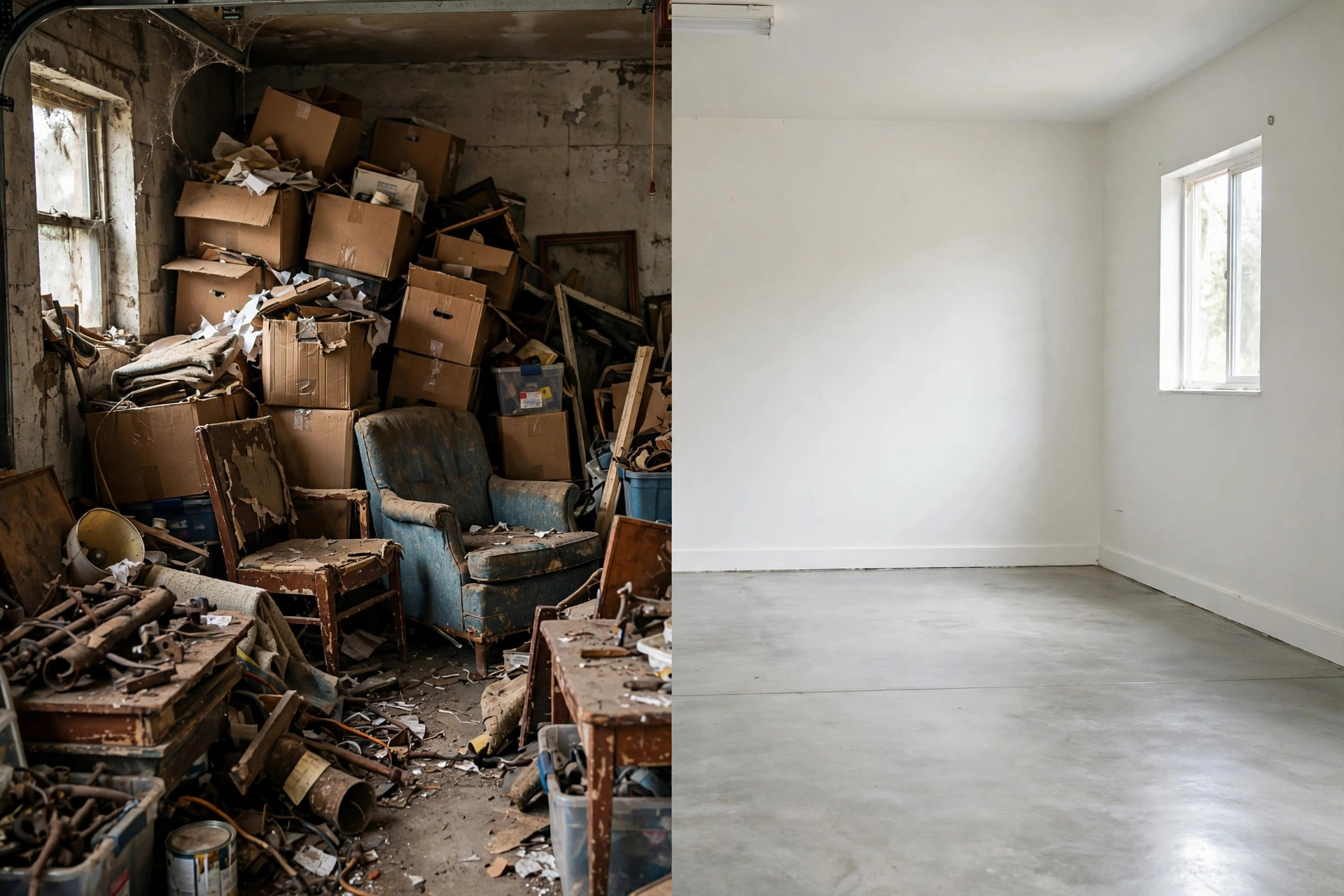 Cluttered garage next to the same garage cleared clean after a junk removal visit