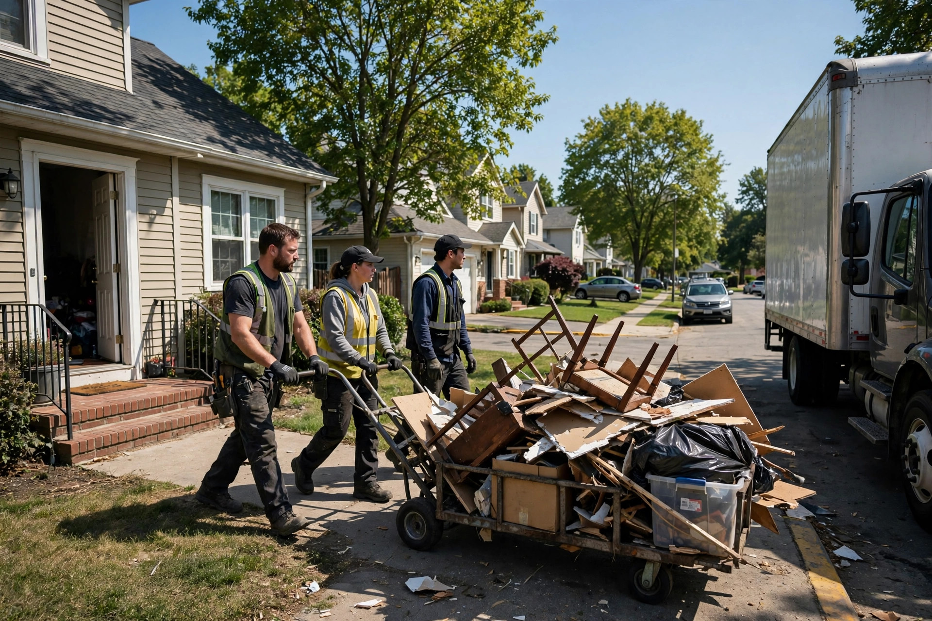 Junk removal crew rolling a dolly of debris out of a home toward their truck