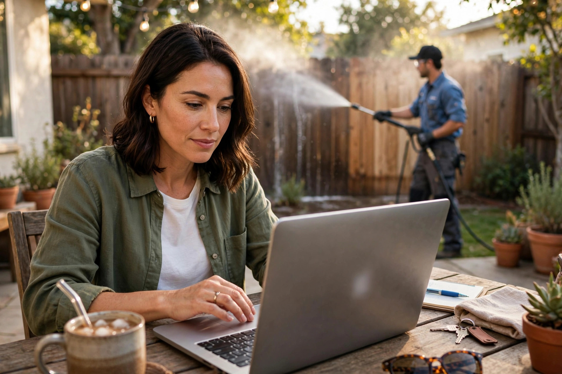 How Much Does a Pressure Washing Website Cost? Homeowner requesting a pressure washing quote on a laptop while a technician works in the background
