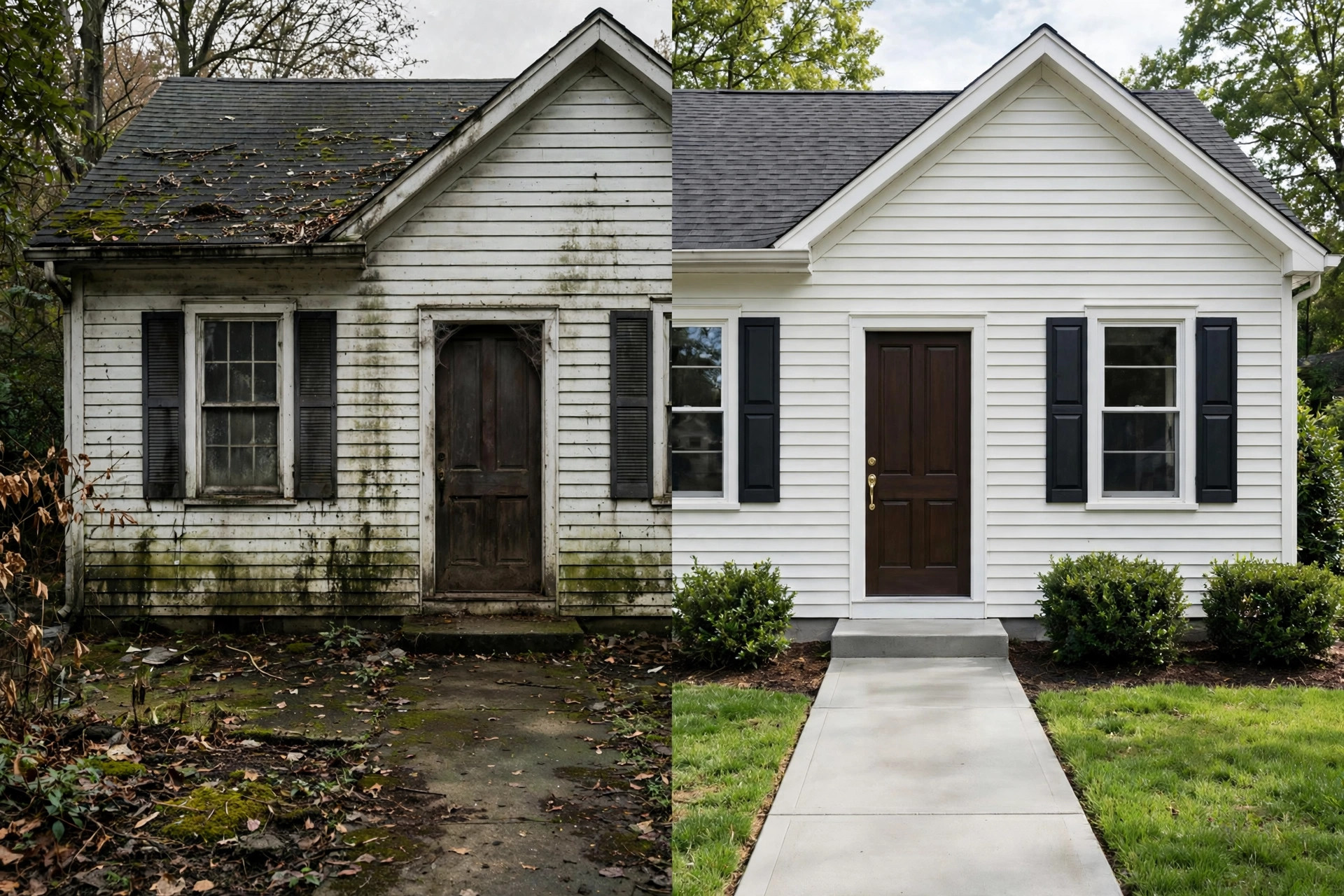How Much Does a Pressure Washing Website Cost? House exterior before and after a pressure washing visit with clean siding and walkway